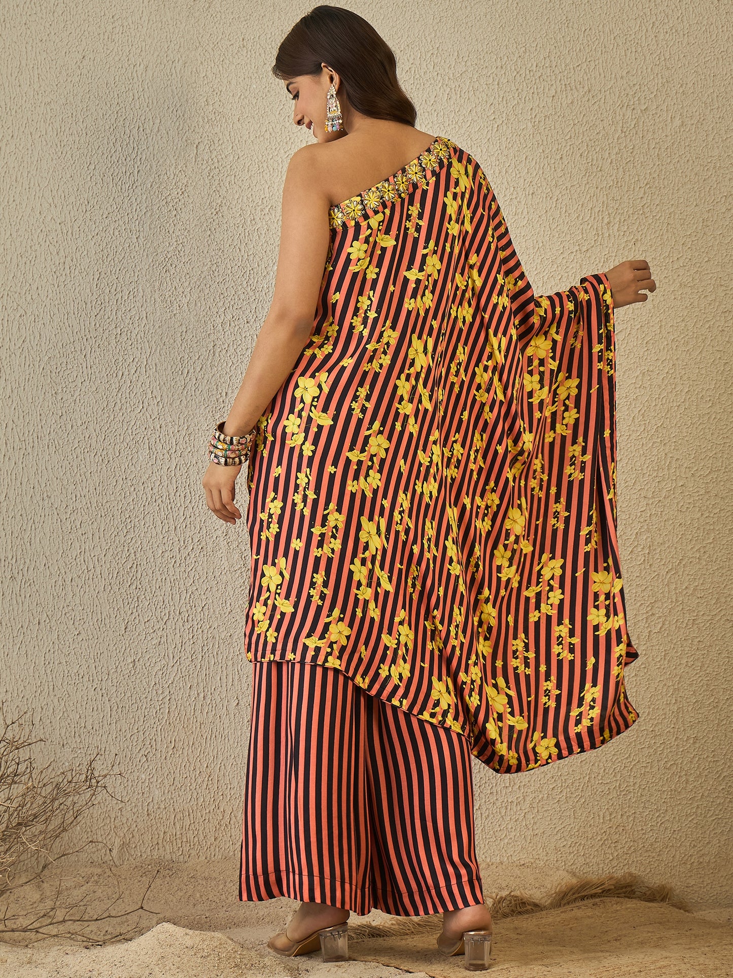 Black coral stripes one shoulder tunic with plazzo ( set of 2)