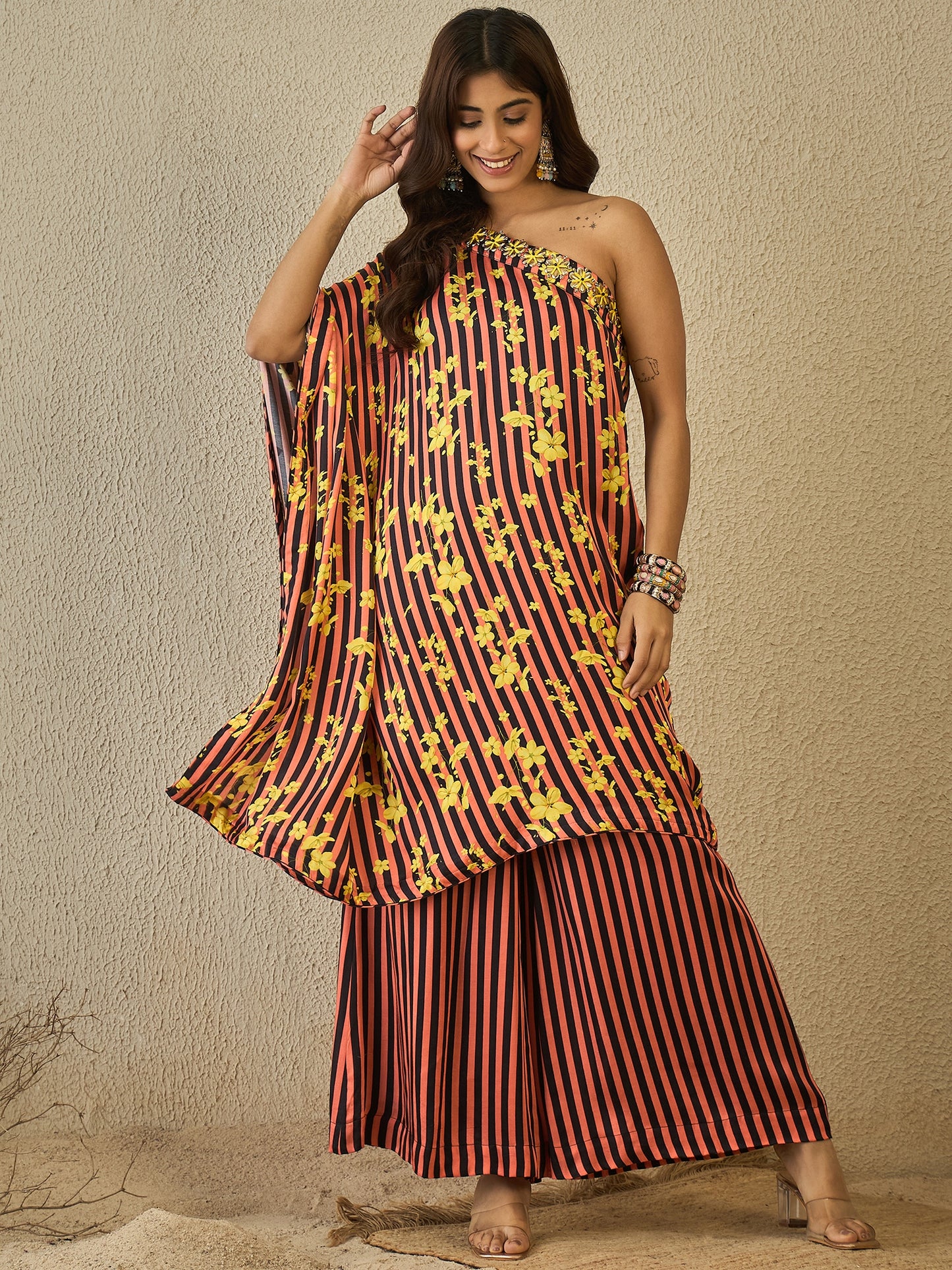 Black coral stripes one shoulder tunic with plazzo ( set of 2)
