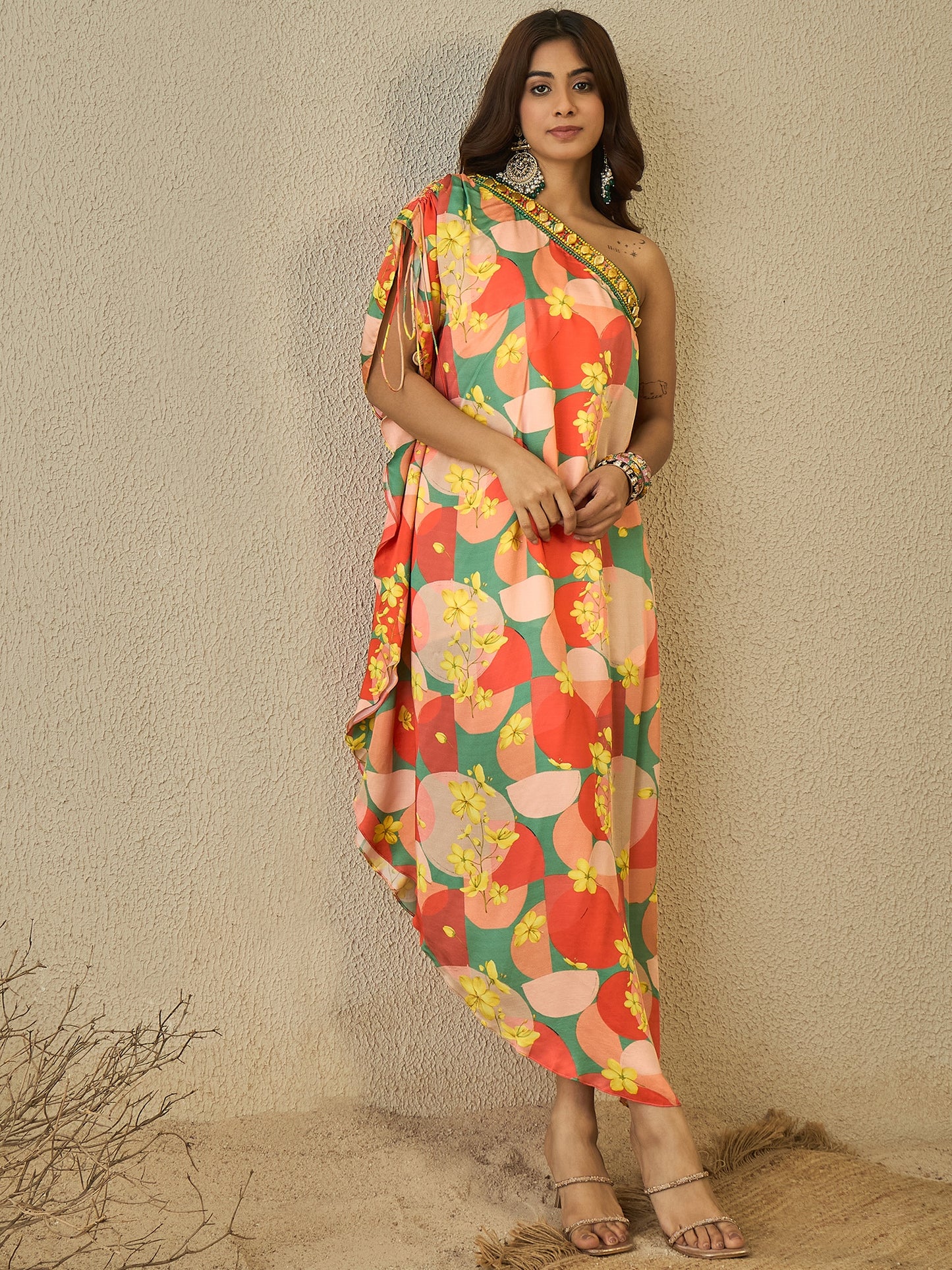 Orange abstract one shoulder dress (set of 1)