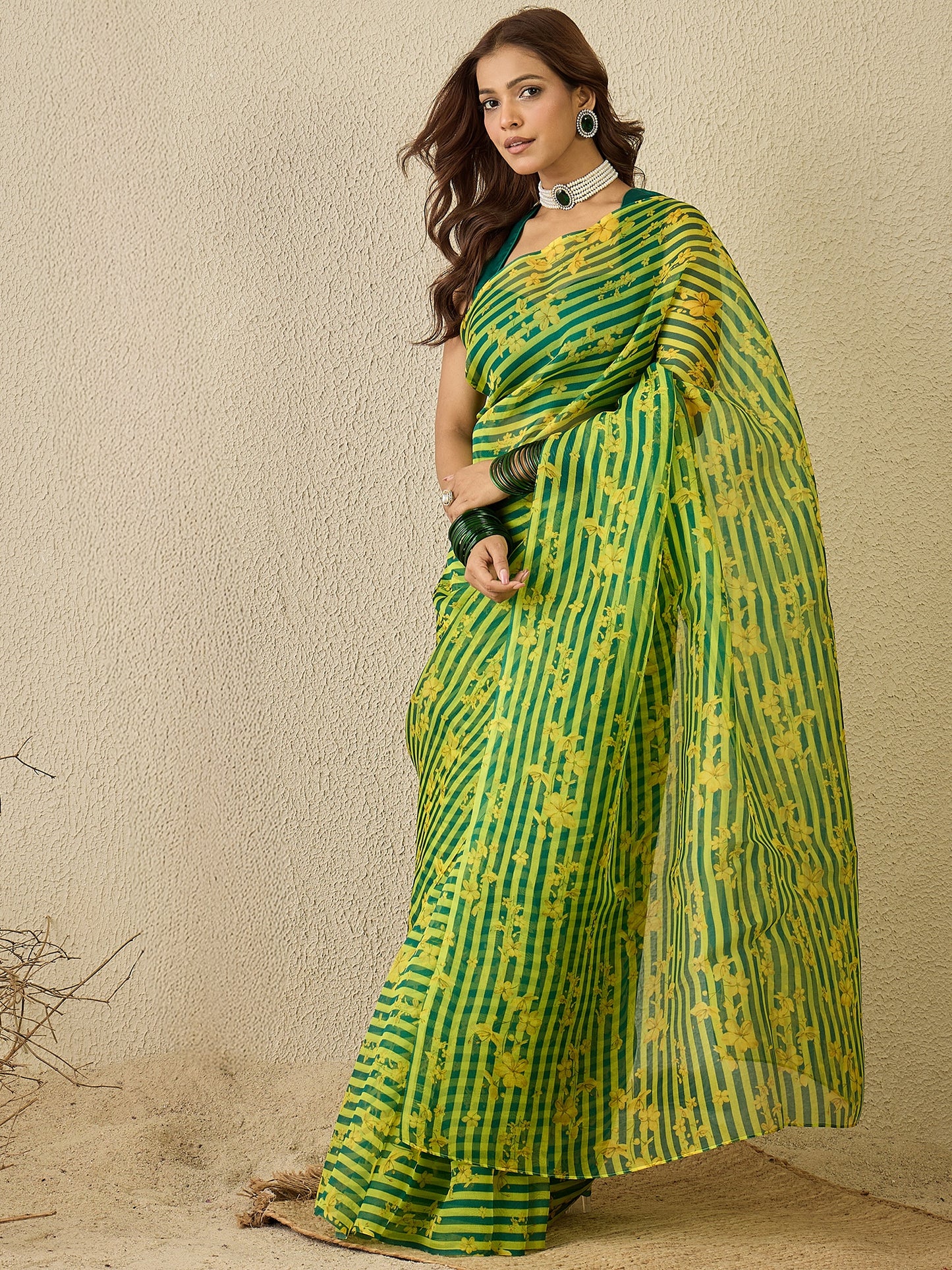 Emerald lime stripes with stitched blouse ( set of 2)