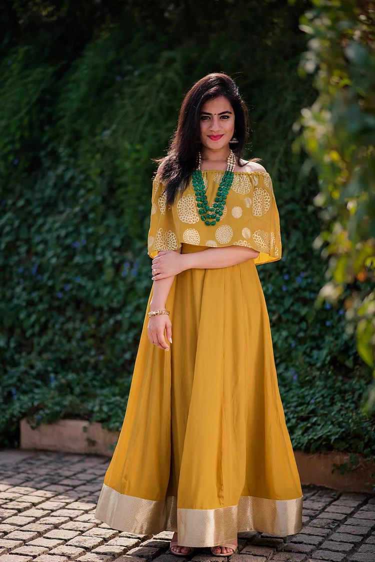 off shoulder haldi dress Yellow Embroidered Off Shoulder Dress Design by Nayantara Couture at Pernia's Pop Up Shop 2026