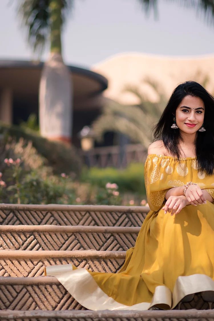 Mustard Off Shoulder Lehenga Set