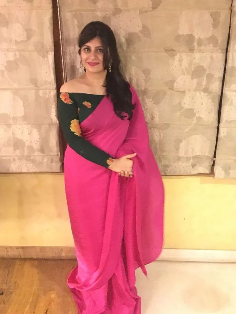 Fuchsia Saree with Emerald Green Print Blouse