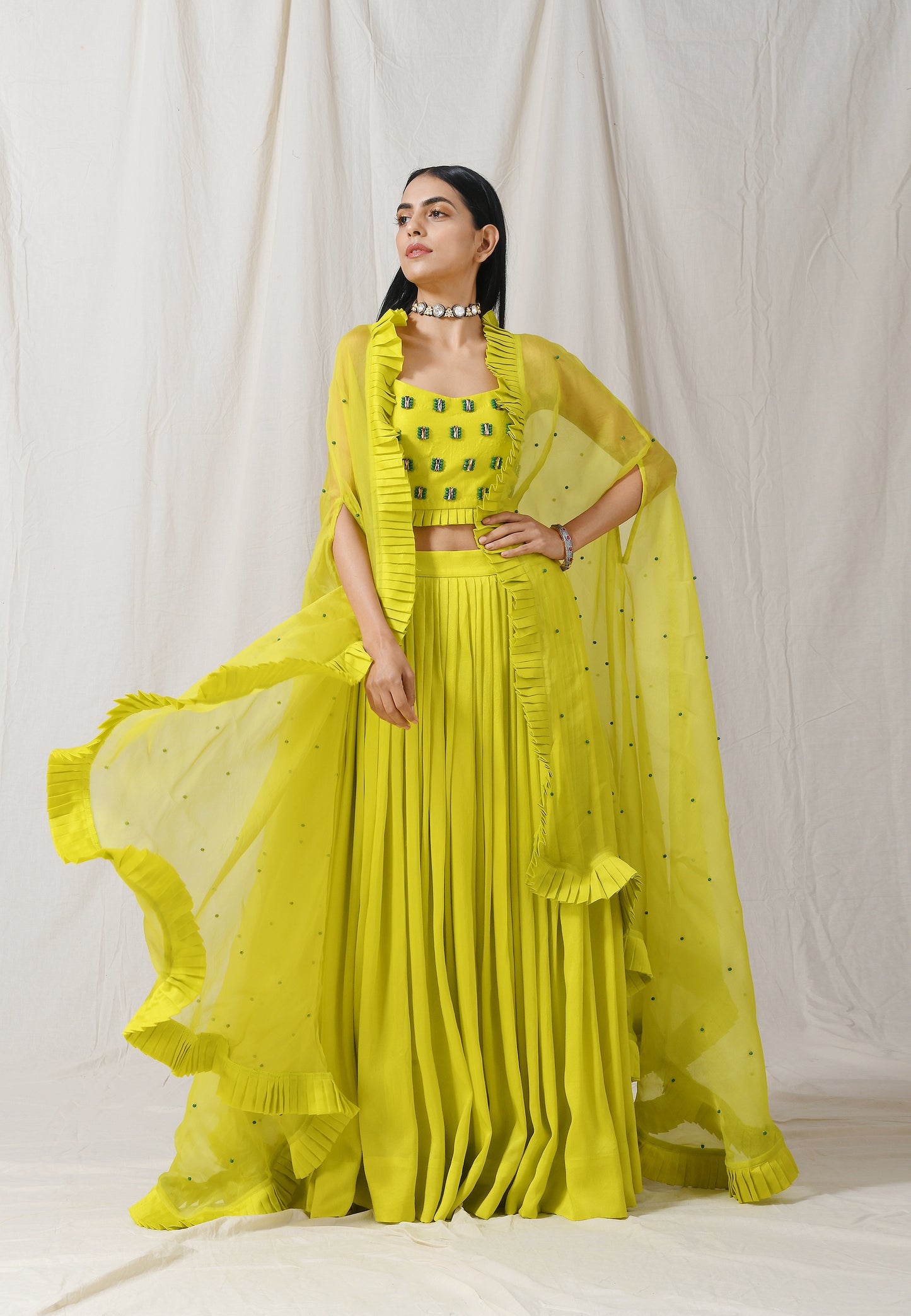 Lime Pleated Skirt with Cape Set