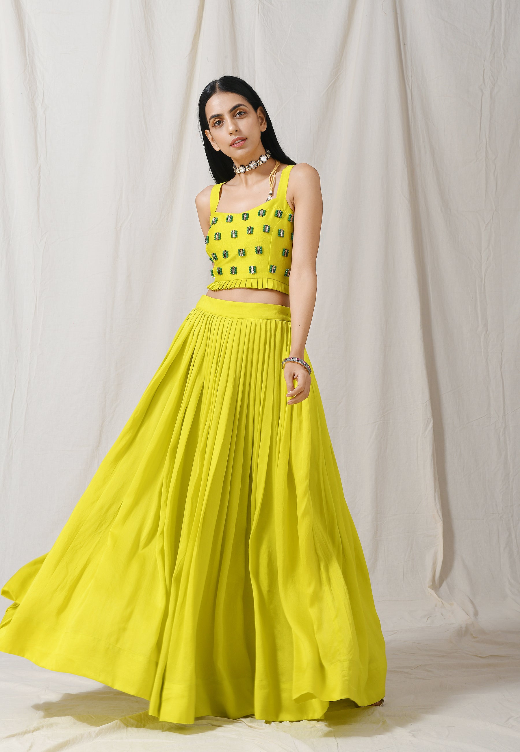 Lime Pleated Skirt with Cape Set – Label Nitika - Main Image