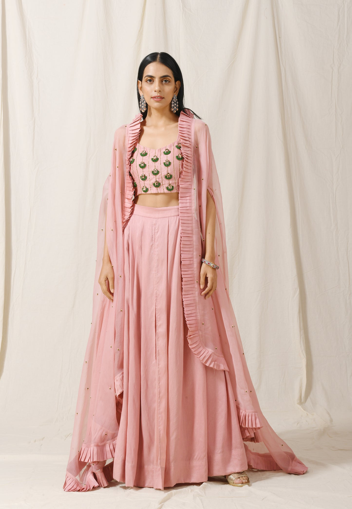 Onion Pink Palazzo with Onion Pink Pleated Cape Set