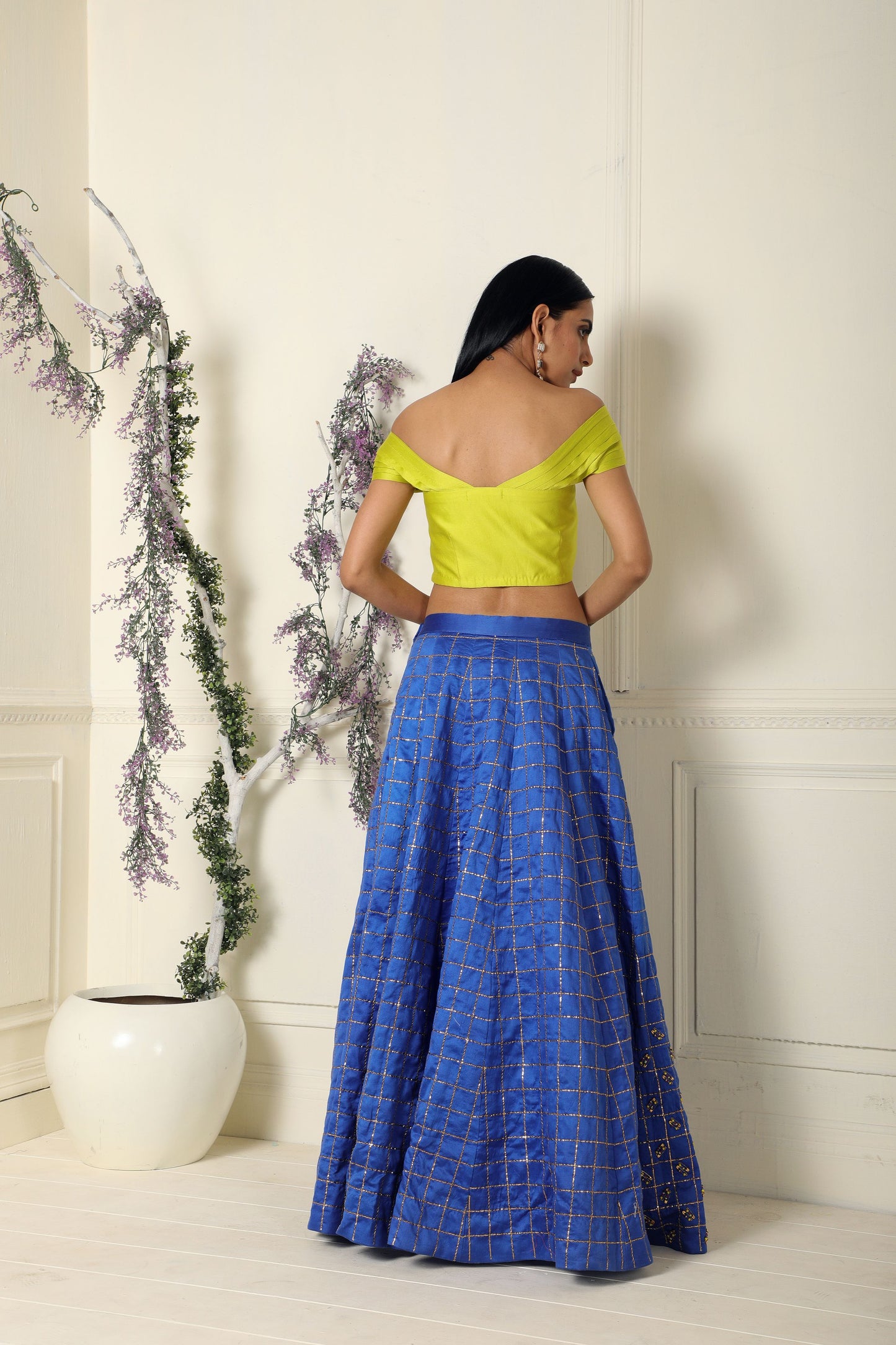 Blue Lehenga with Lime Criss Cross Top