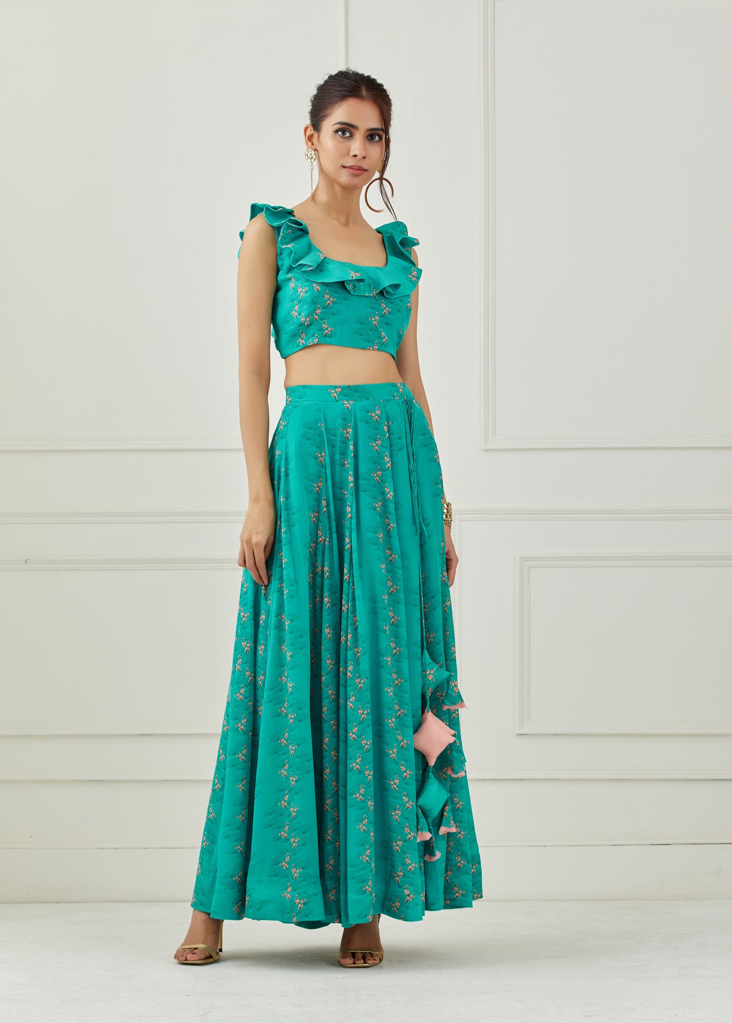 Teal ruffle top with lehenga set