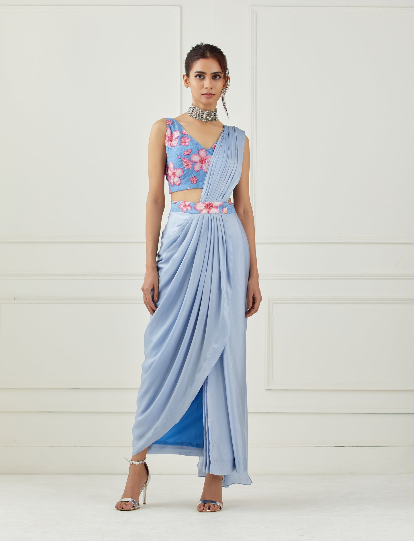 Moon blue draped saree(Sleeveless blouse)