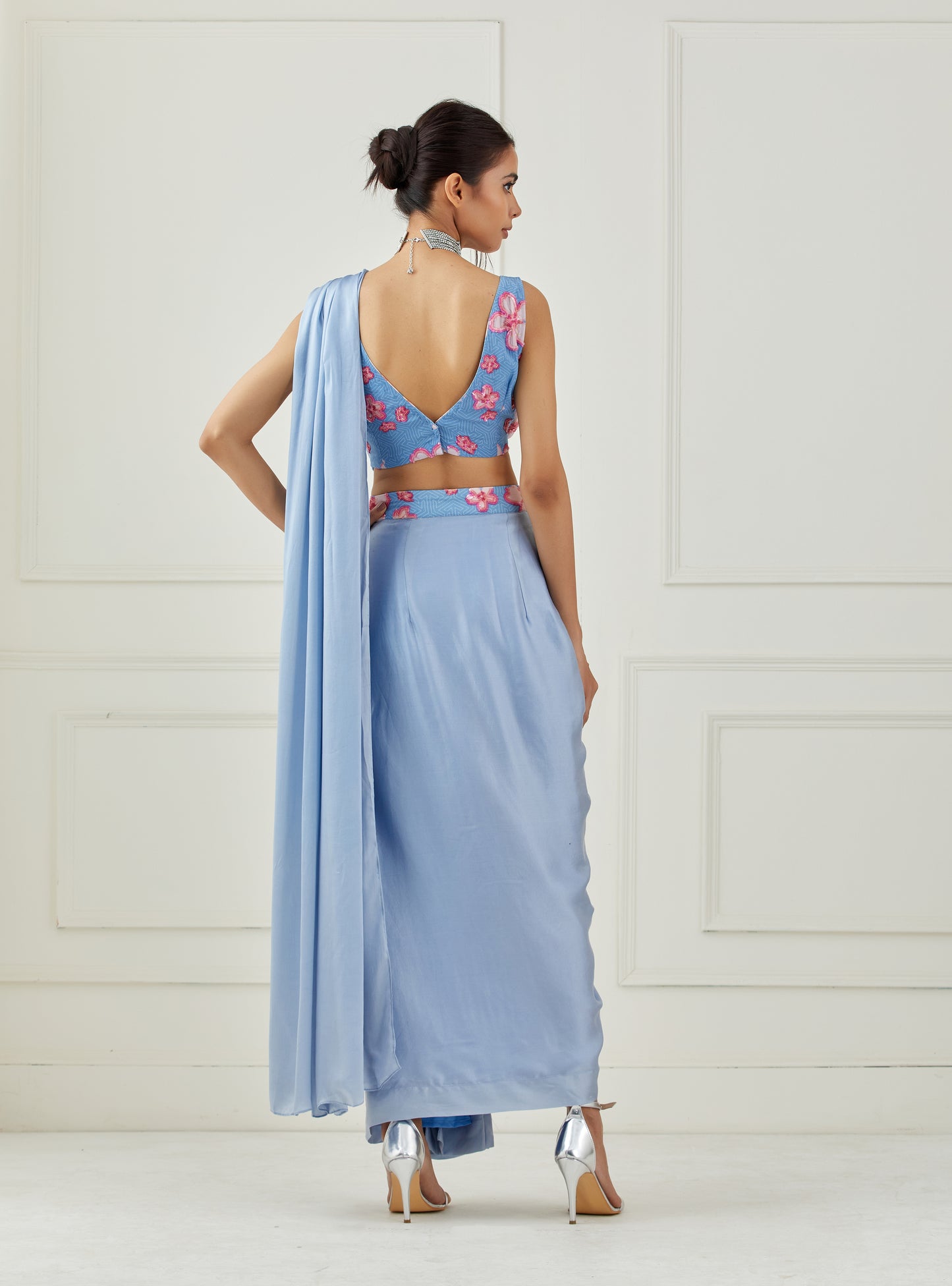 Moon blue draped saree(Sleeveless blouse)