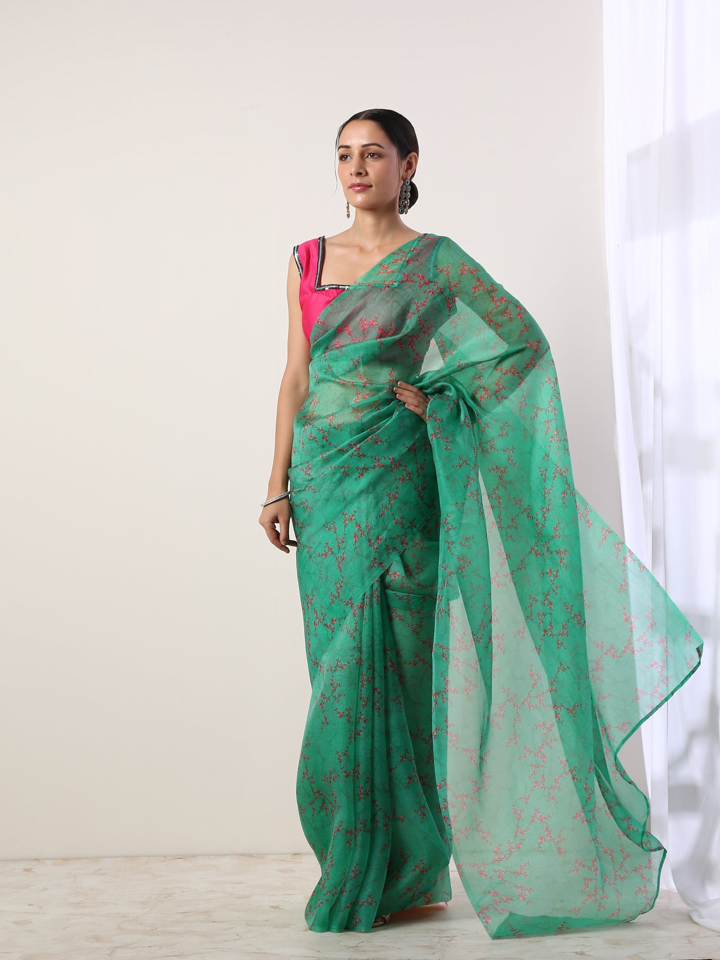 Green Printed organza saree(set of 2)
