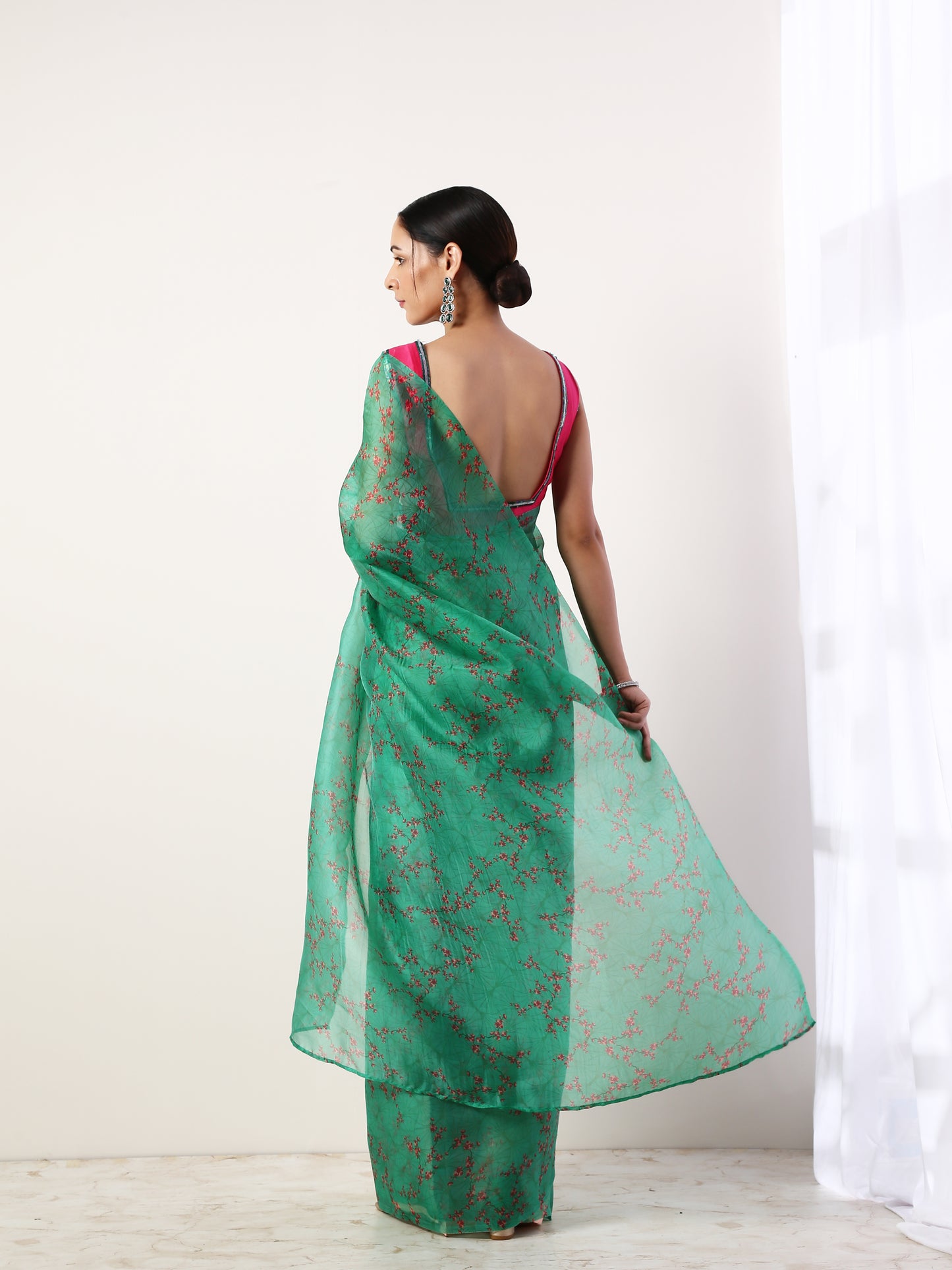 Green Printed organza saree(set of 2)