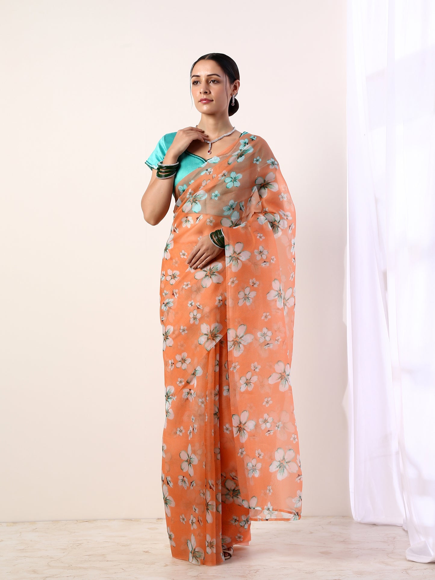 Coral Printed organza saree with Teal Blouse(set of 2)
