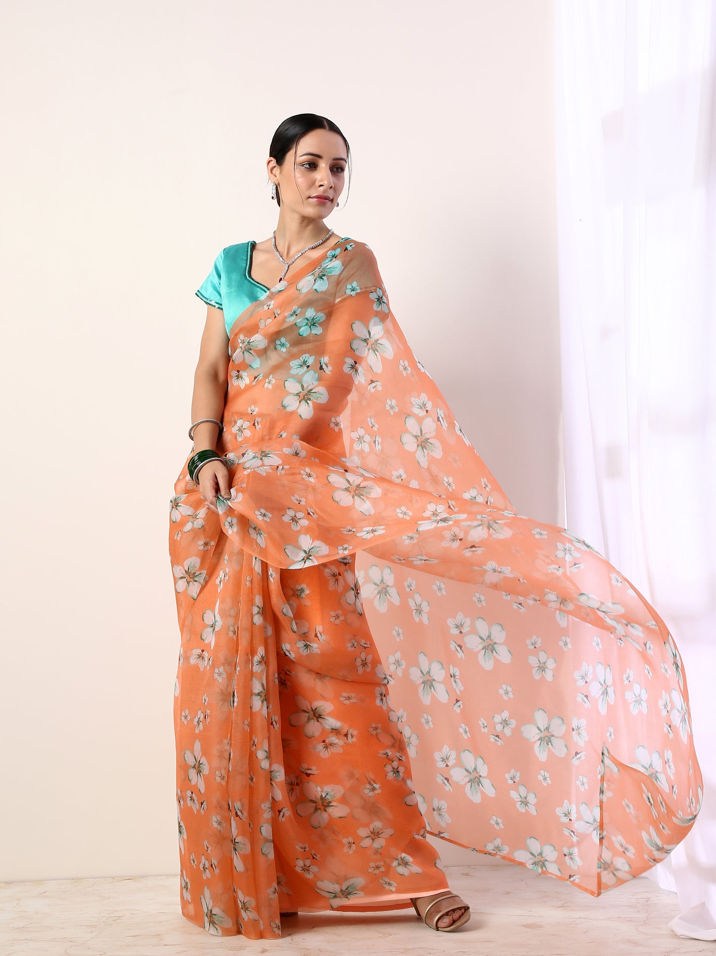 Coral Printed organza saree with Teal Blouse(set of 2)
