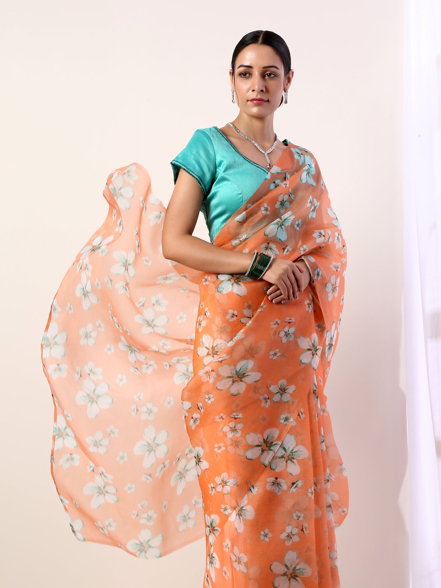Coral Printed organza saree with Teal Blouse(set of 2)