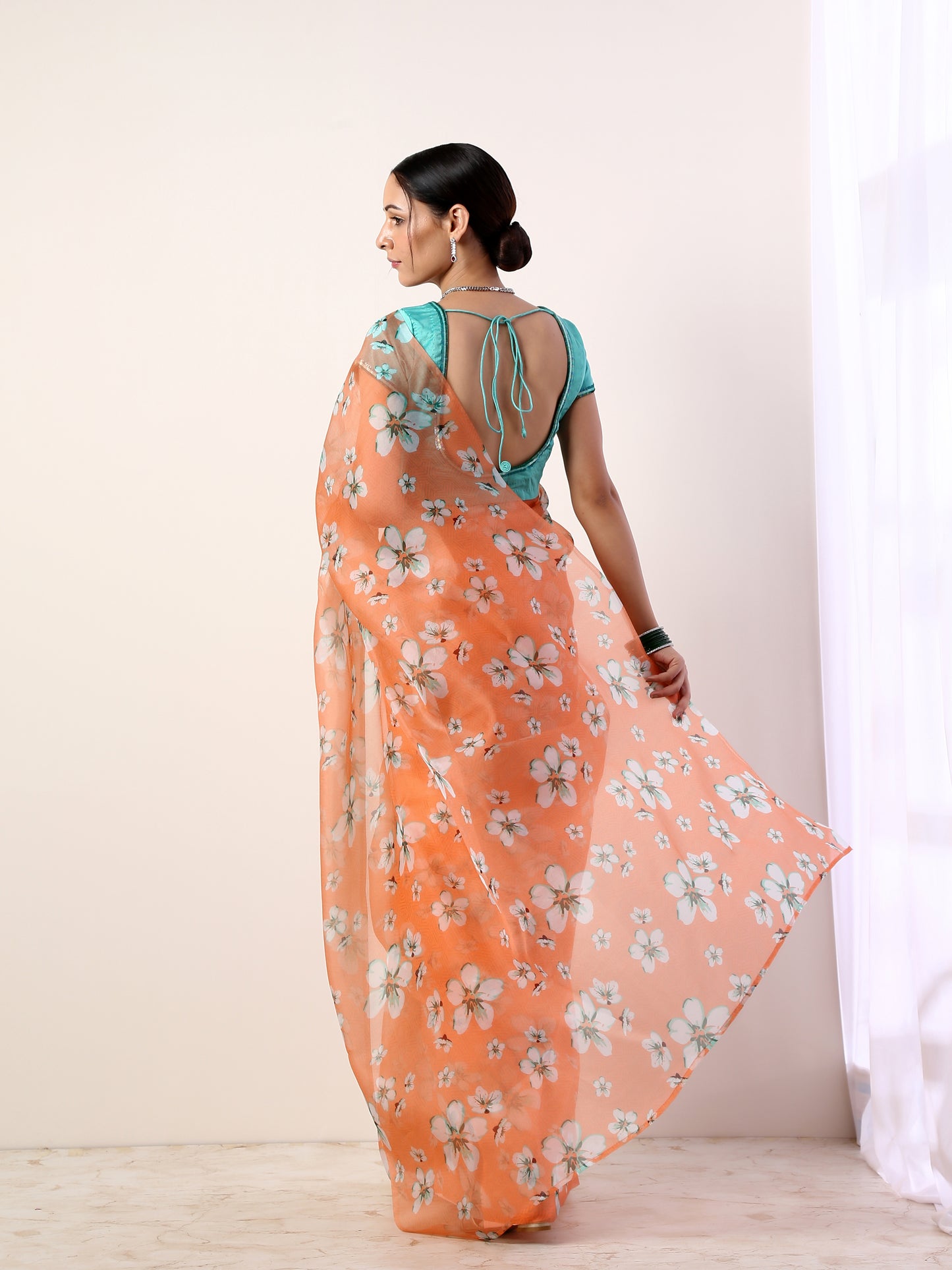 Coral Printed organza saree with Teal Blouse(set of 2)