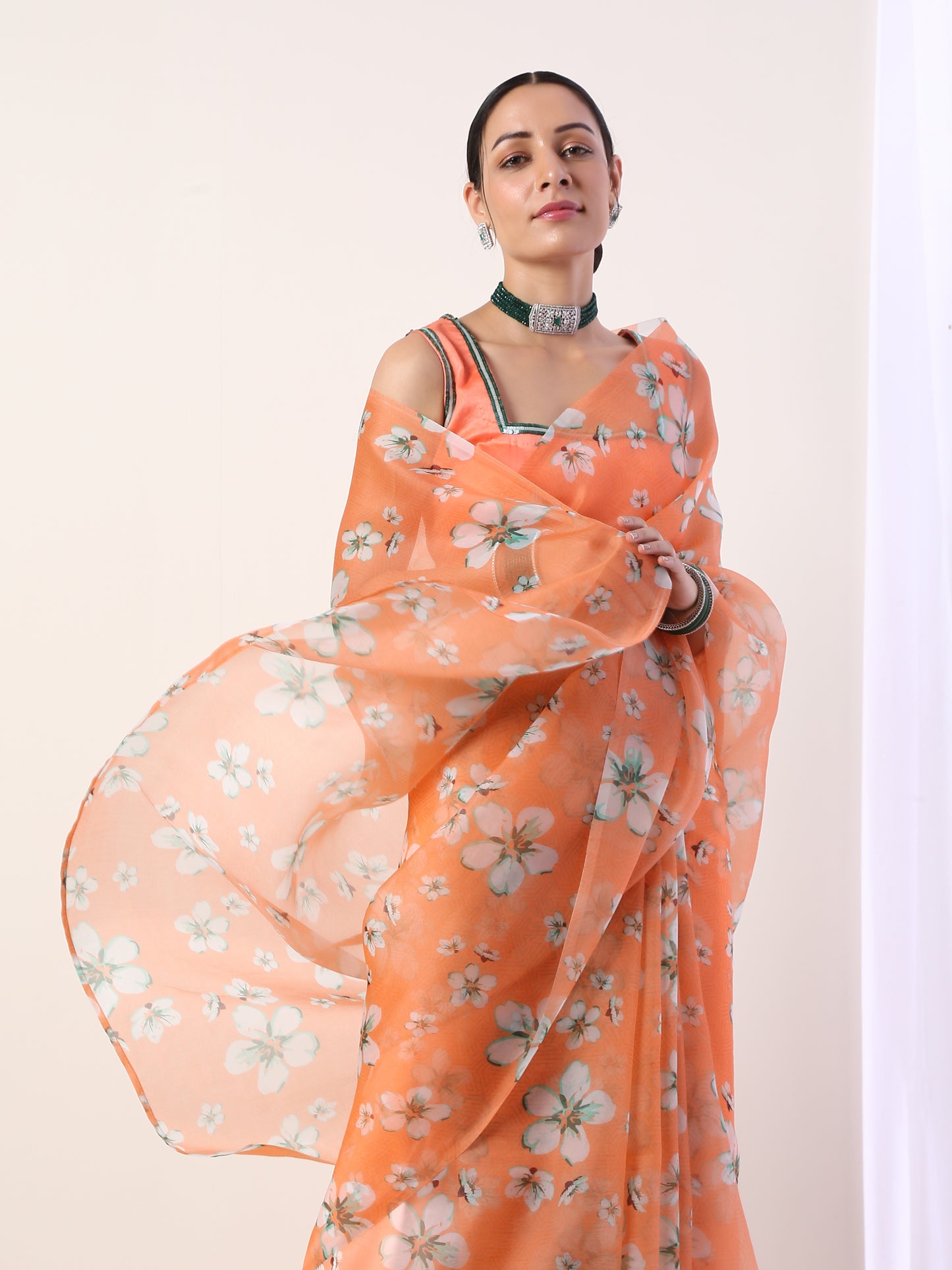 Coral Printed organza saree with Coral Blouse(set of 2)