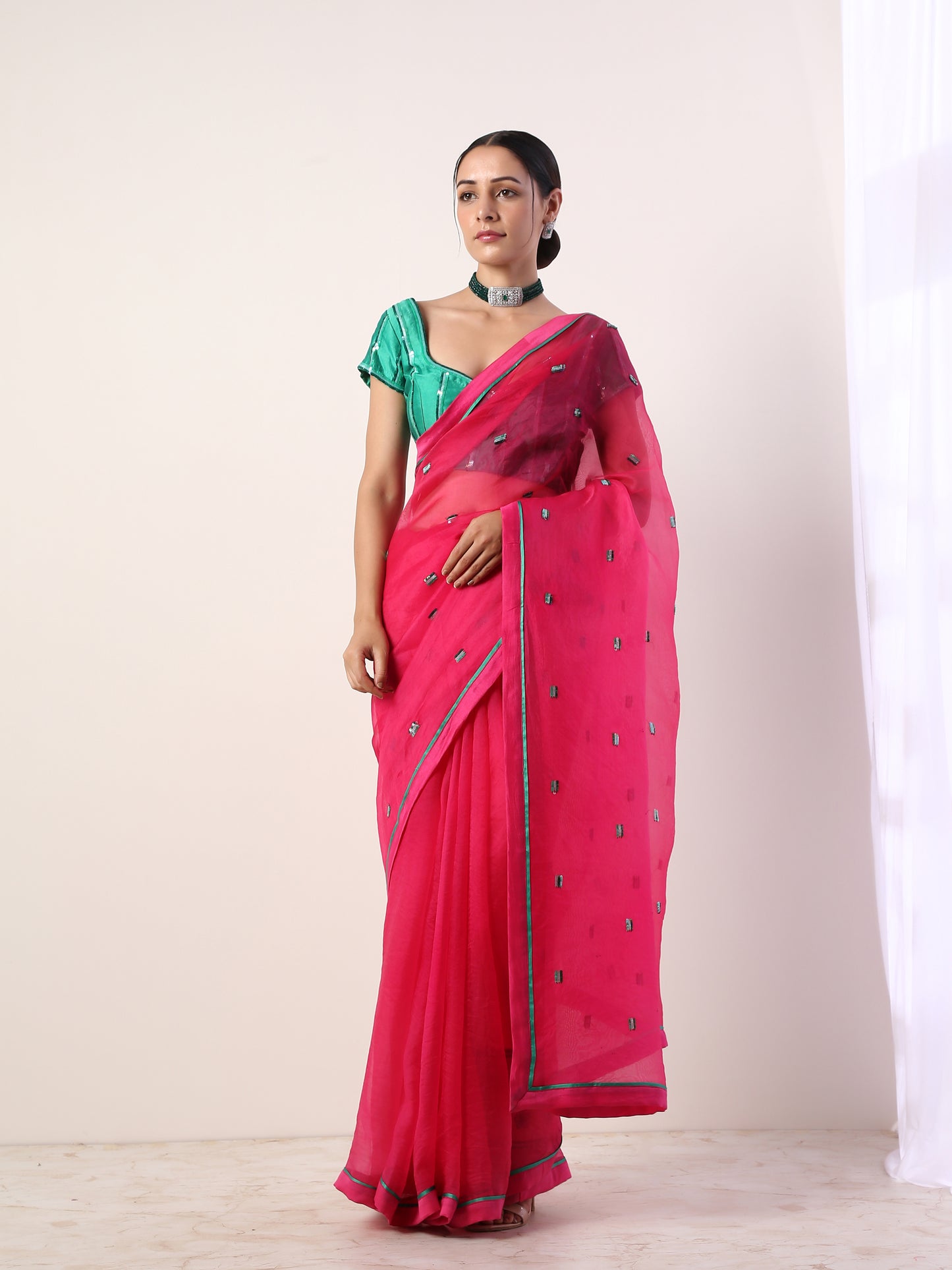 Solid Fuchsia embroidered organza saree (set of 2)