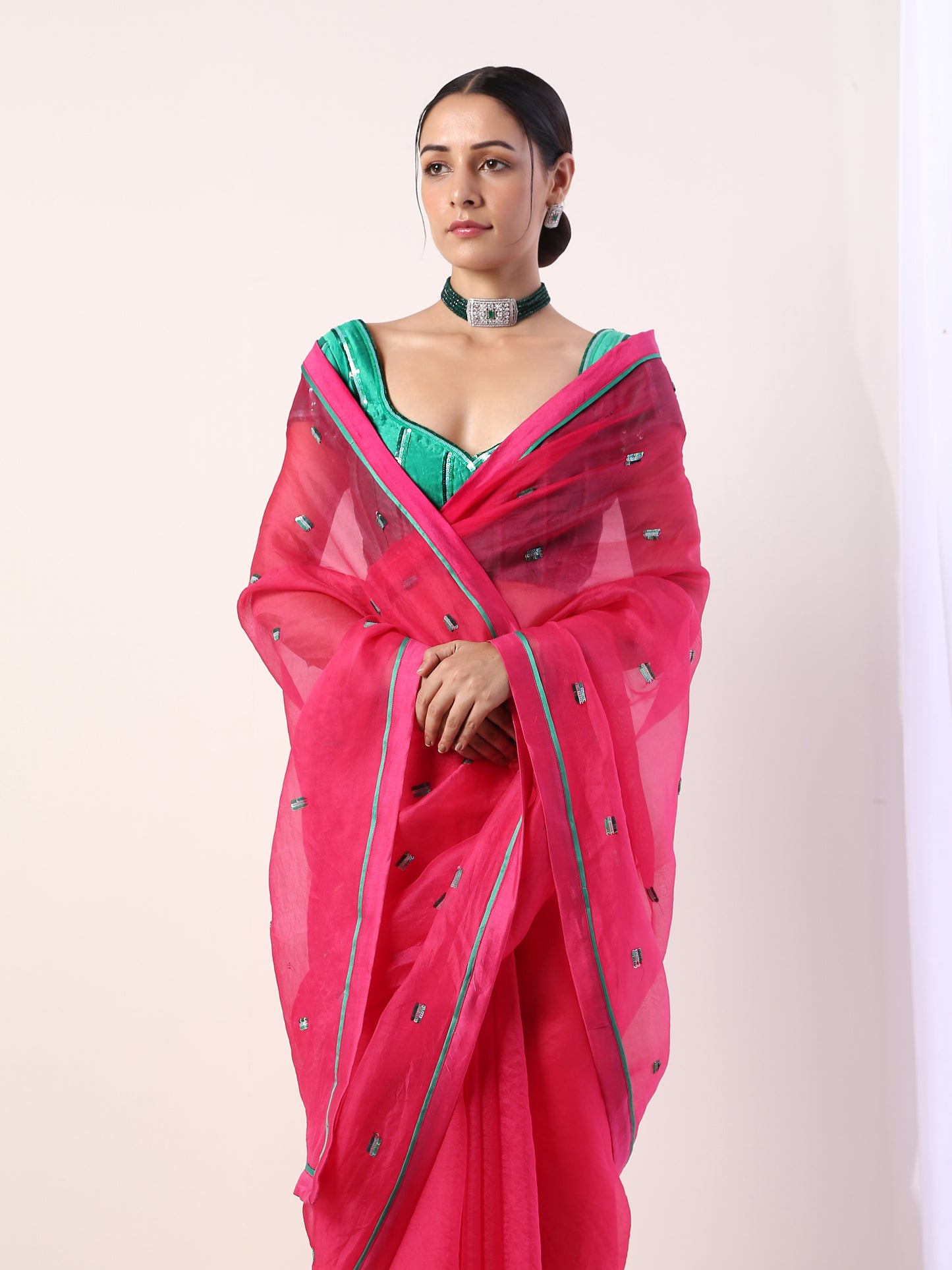 Solid Fuchsia embroidered organza saree (set of 2)