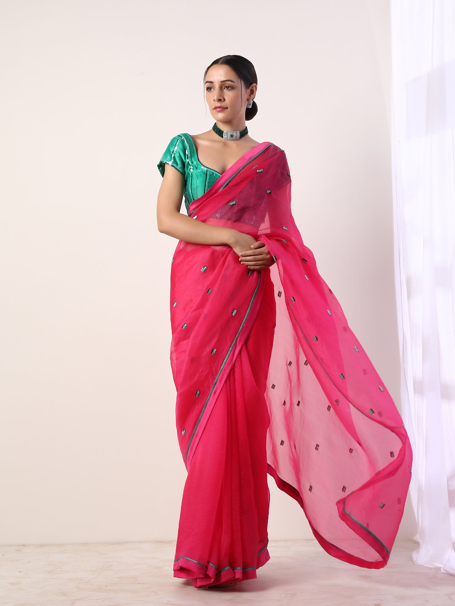 Solid Fuchsia embroidered organza saree (set of 2)