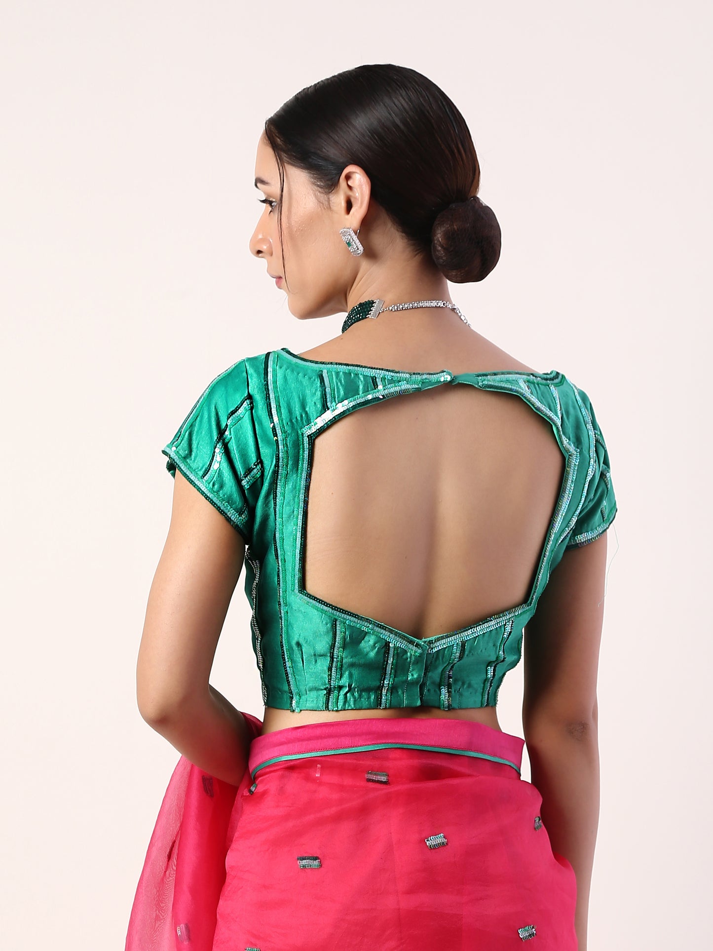 Solid Fuchsia embroidered organza saree (set of 2)