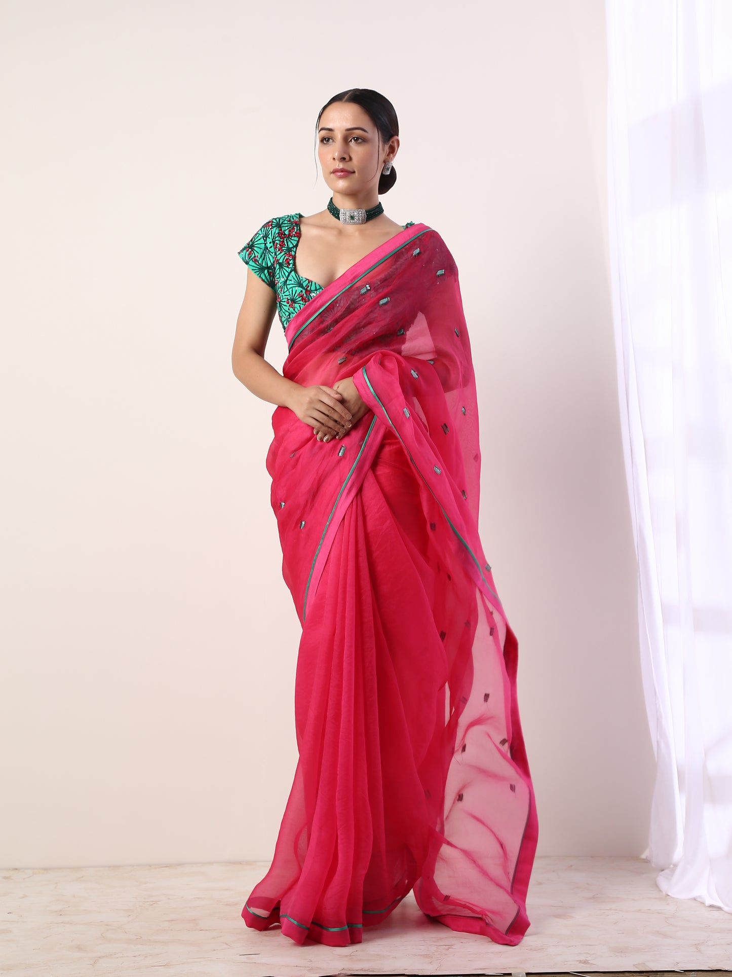 Solid Fuschia embroidered organza saree (set of 2)