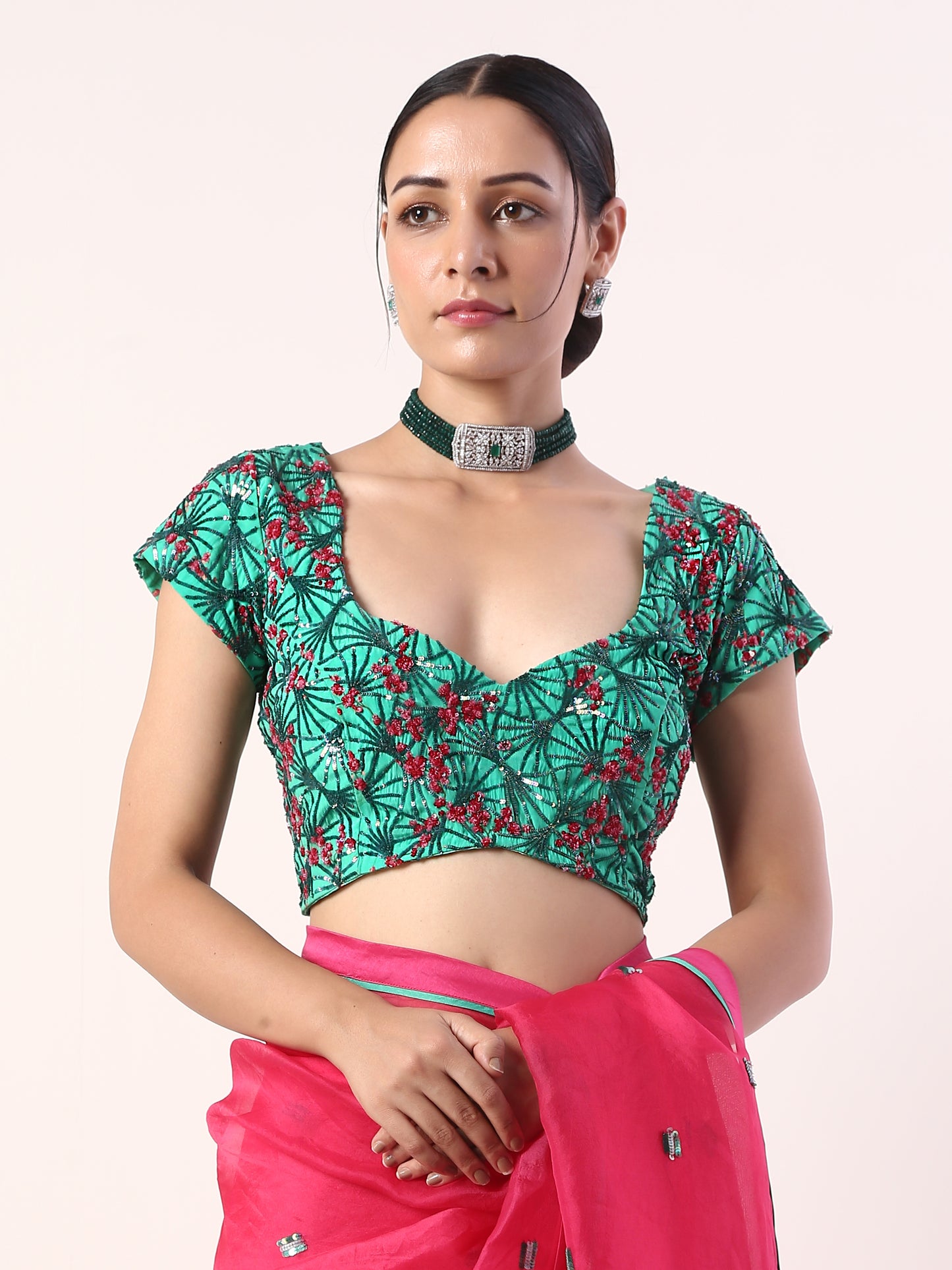 Solid Fuschia embroidered organza saree (set of 2)