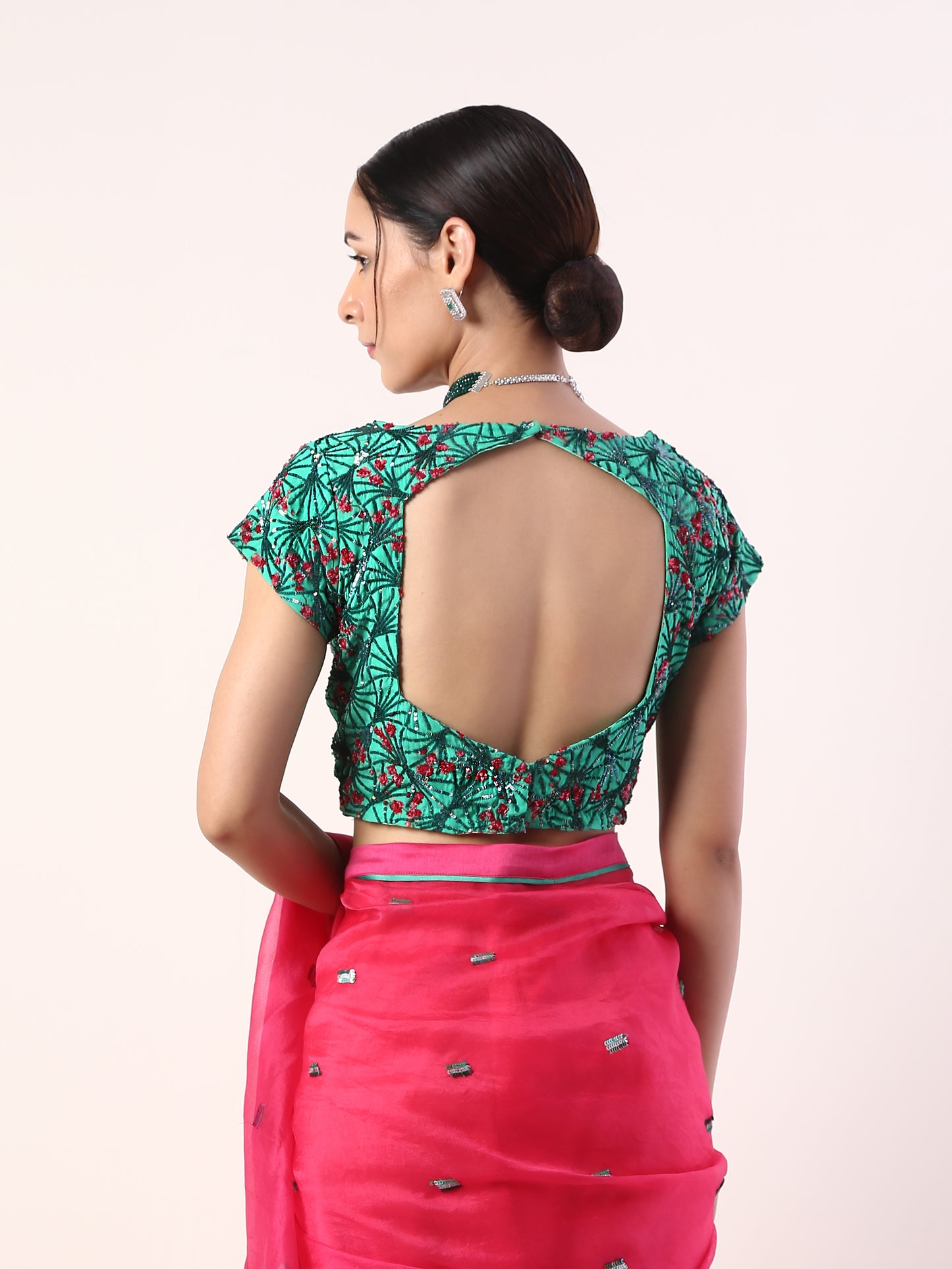 Solid Fuschia embroidered organza saree (set of 2)