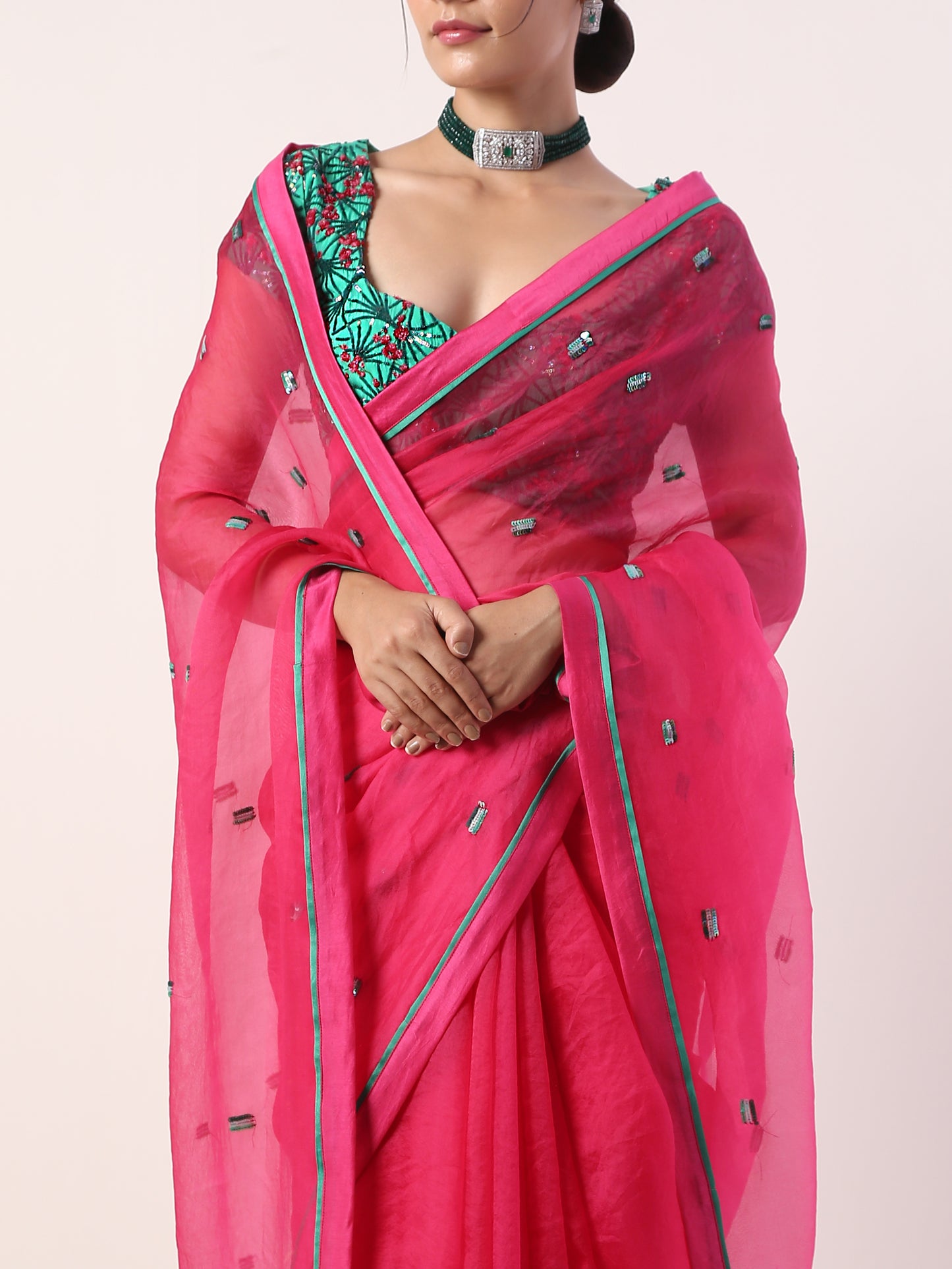 Solid Fuschia embroidered organza saree (set of 2)