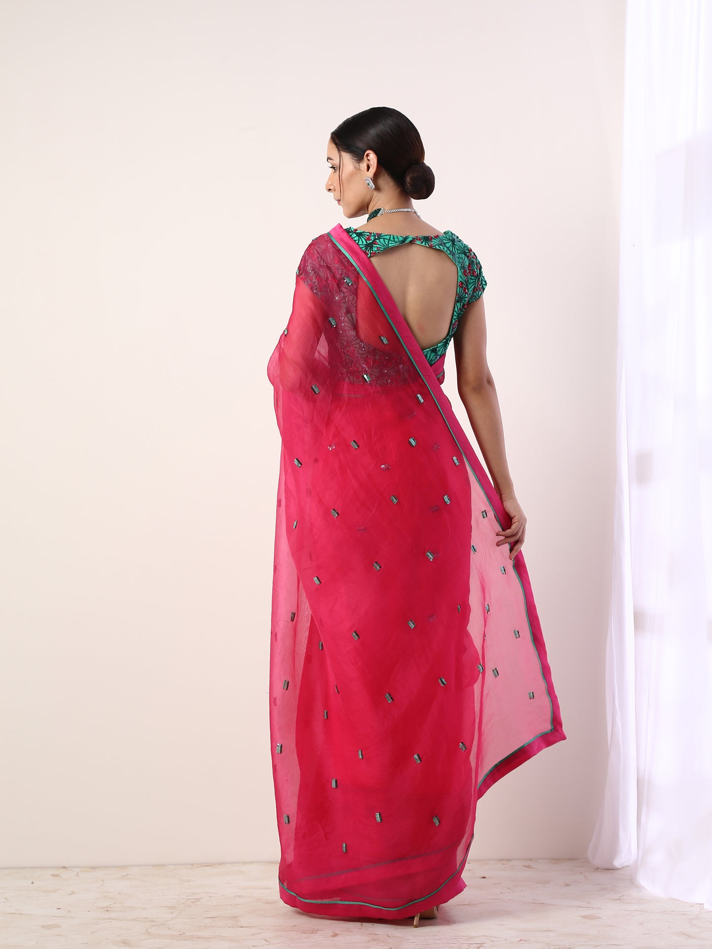Solid Fuschia embroidered organza saree (set of 2)