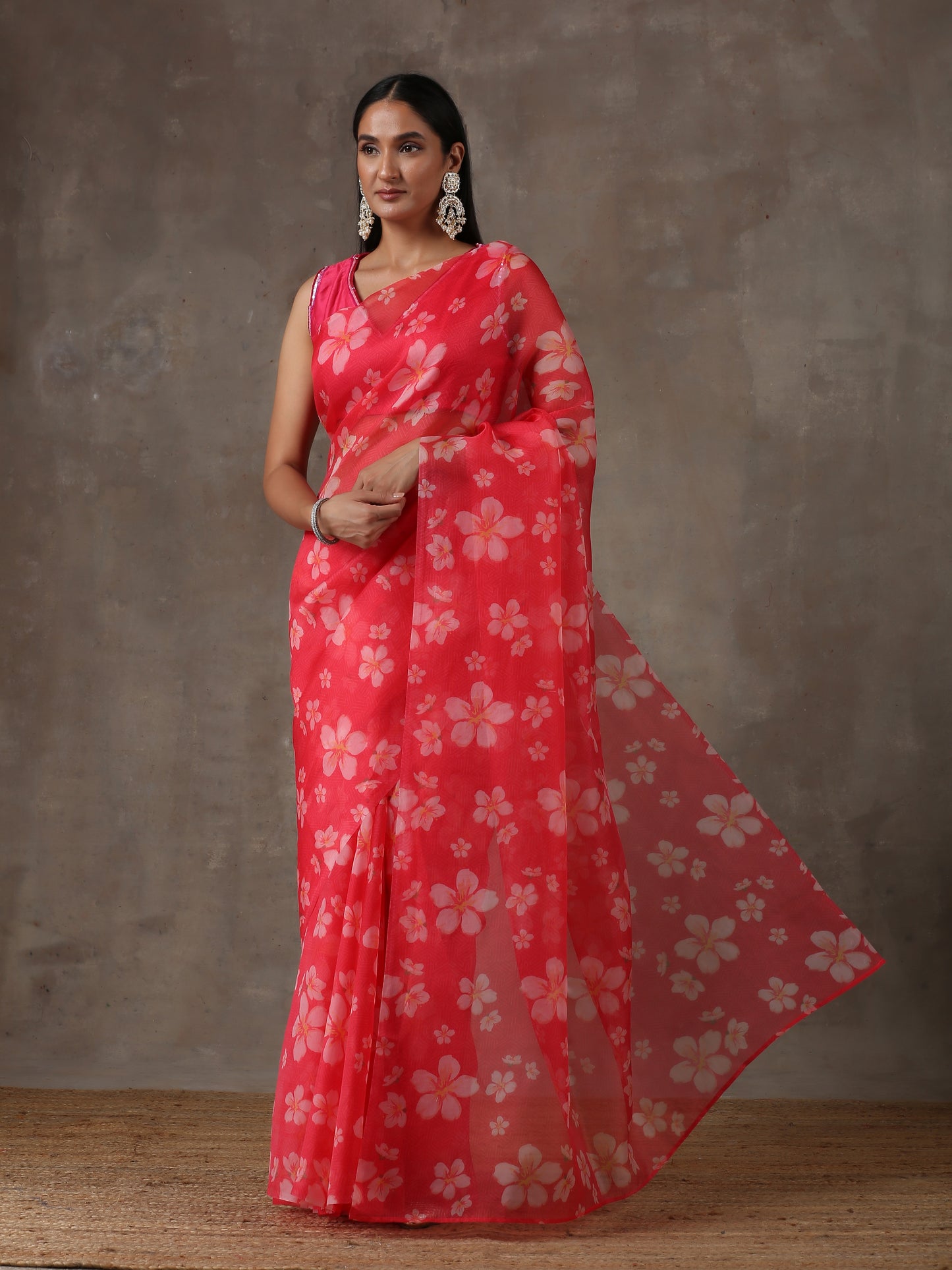 Printed Fuchsia Saree with Monotone Blouse (Set of 2)