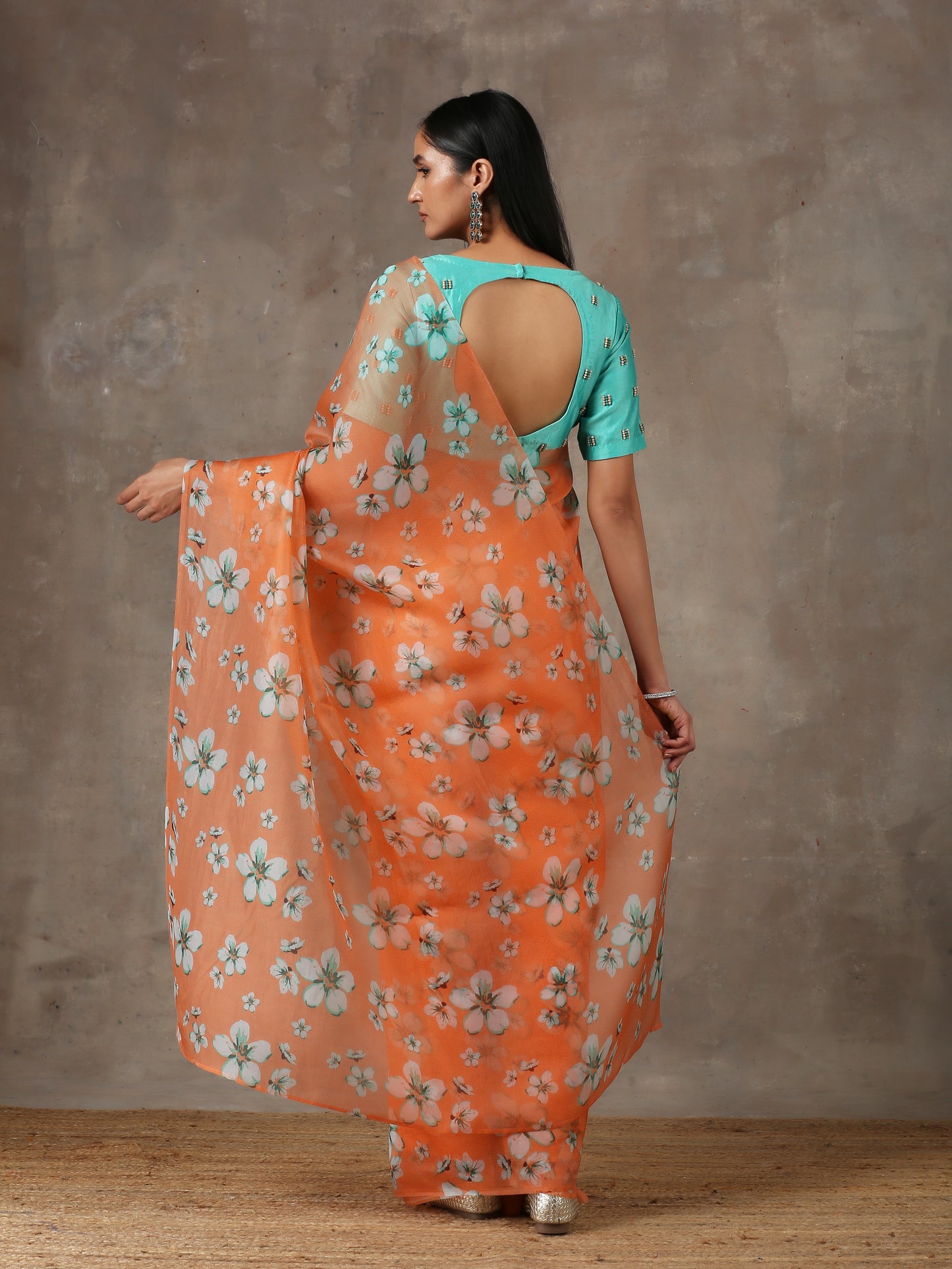 Printed Coral Saree with Teal Beaded Blouse (Set of 2)