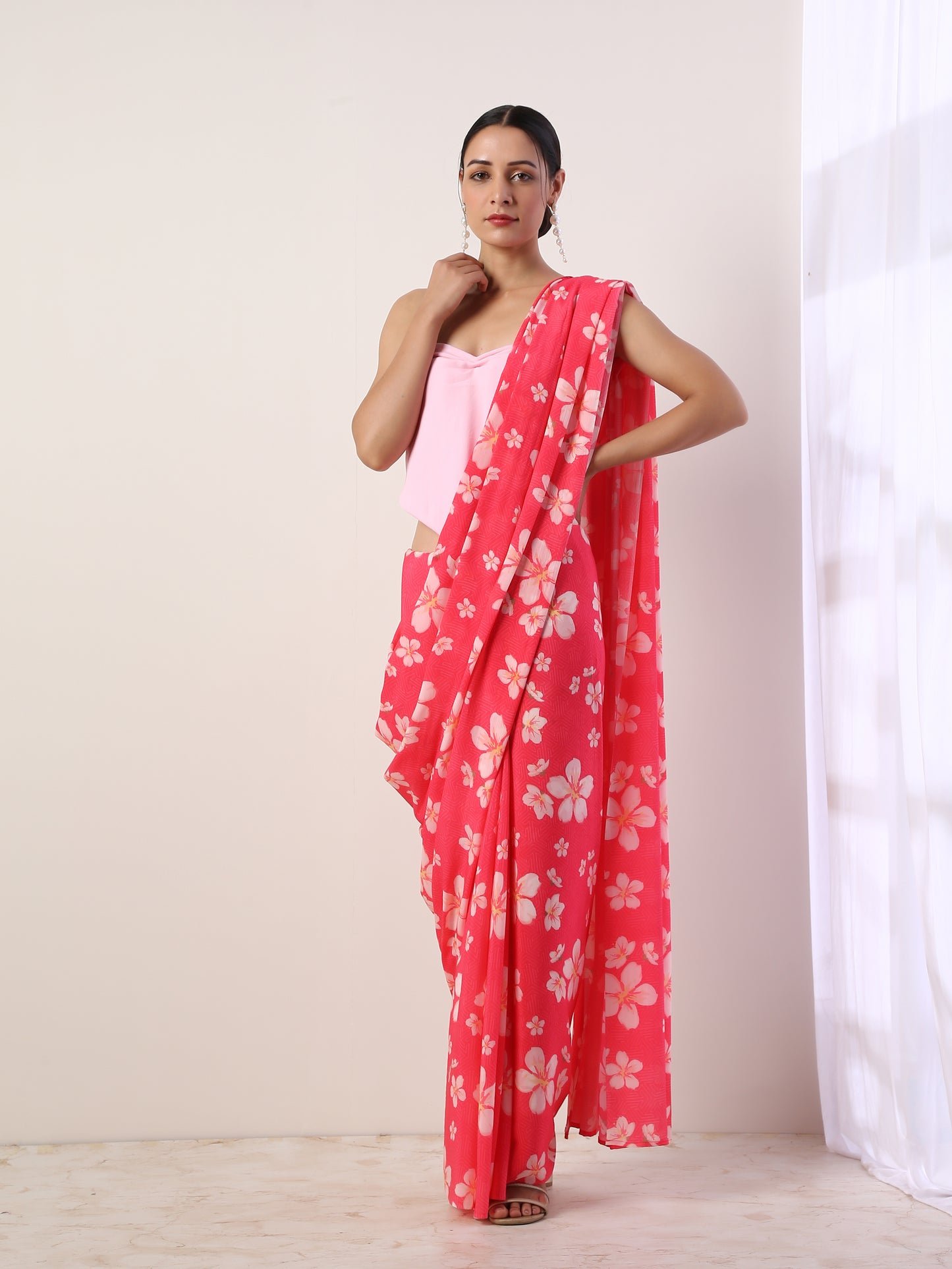 Hot Pink Crepe Saree(set of 2)