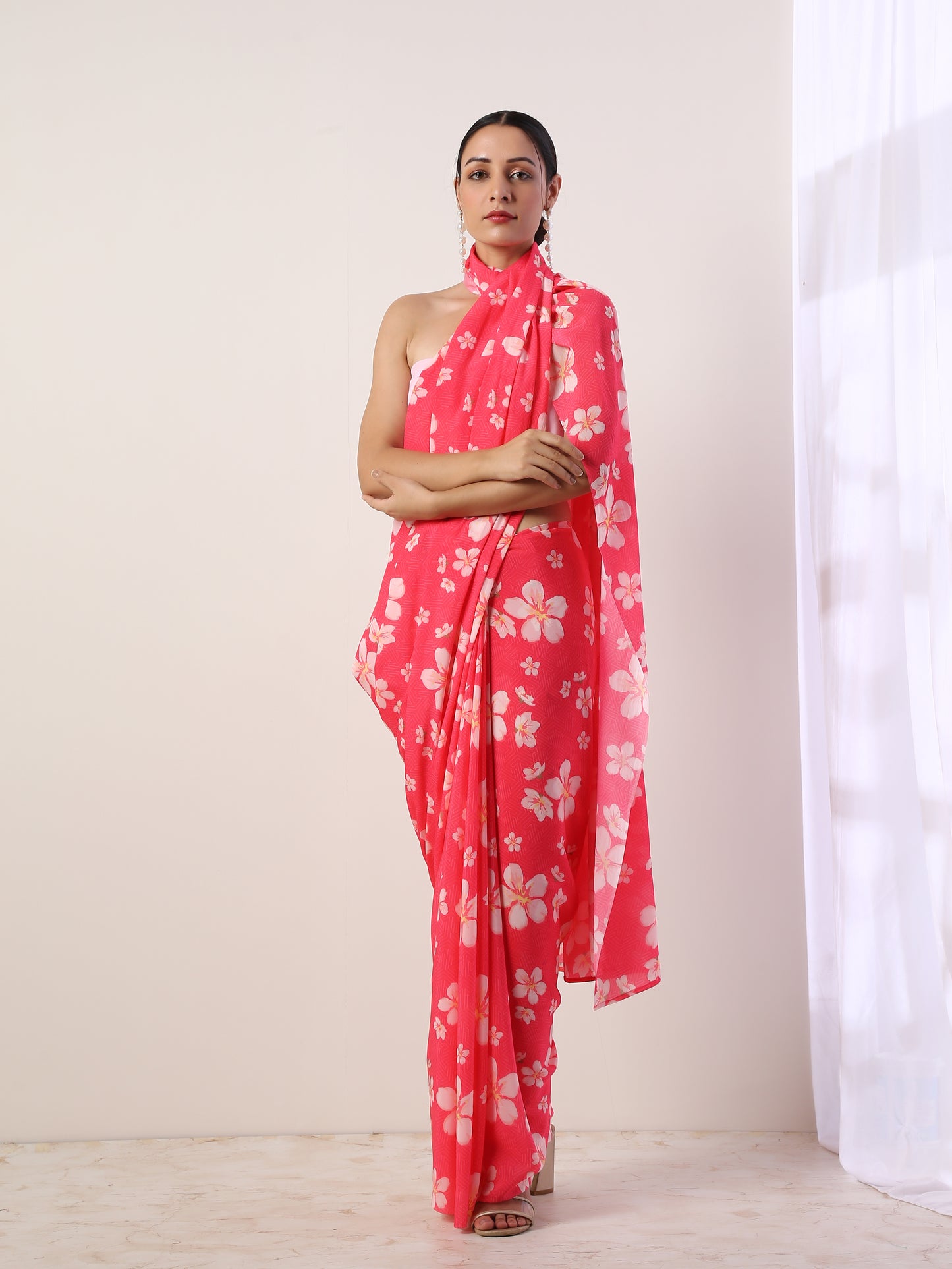 Hot Pink Crepe Saree(set of 2)