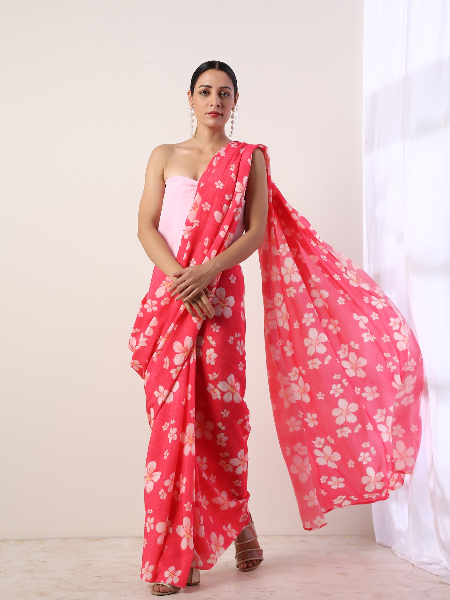 Hot Pink Crepe Saree(set of 2)