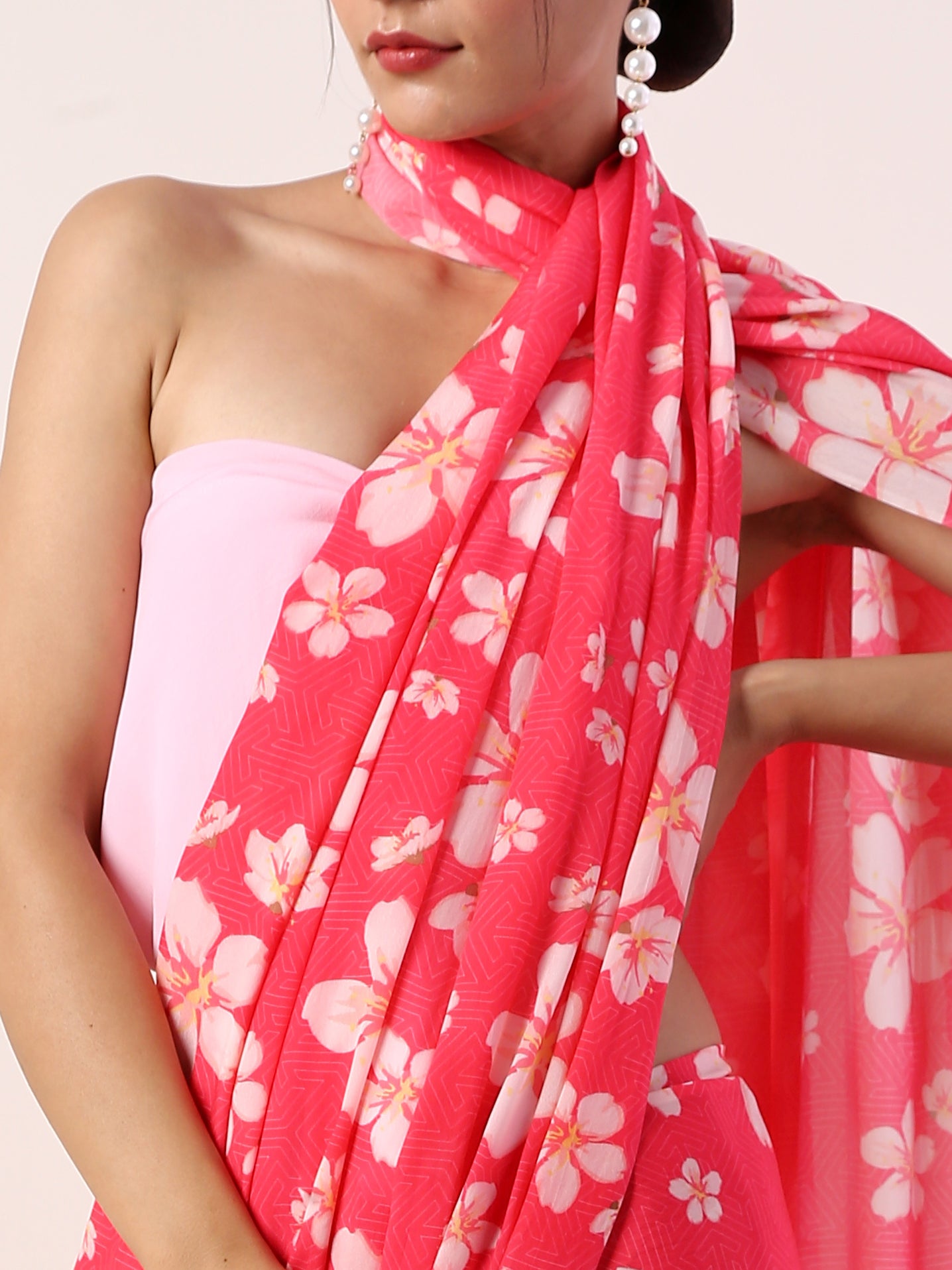 Hot Pink Crepe Saree(set of 2)