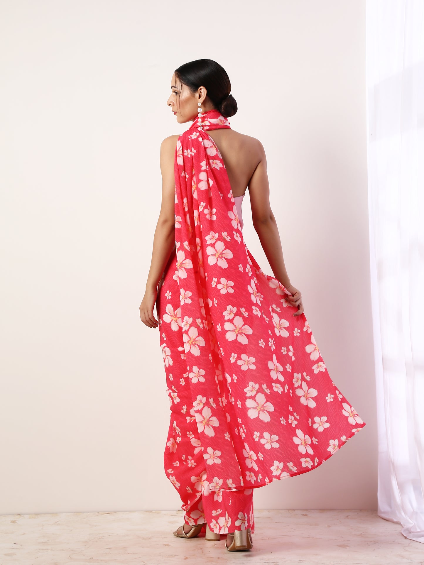 Hot Pink Crepe Saree(set of 2)