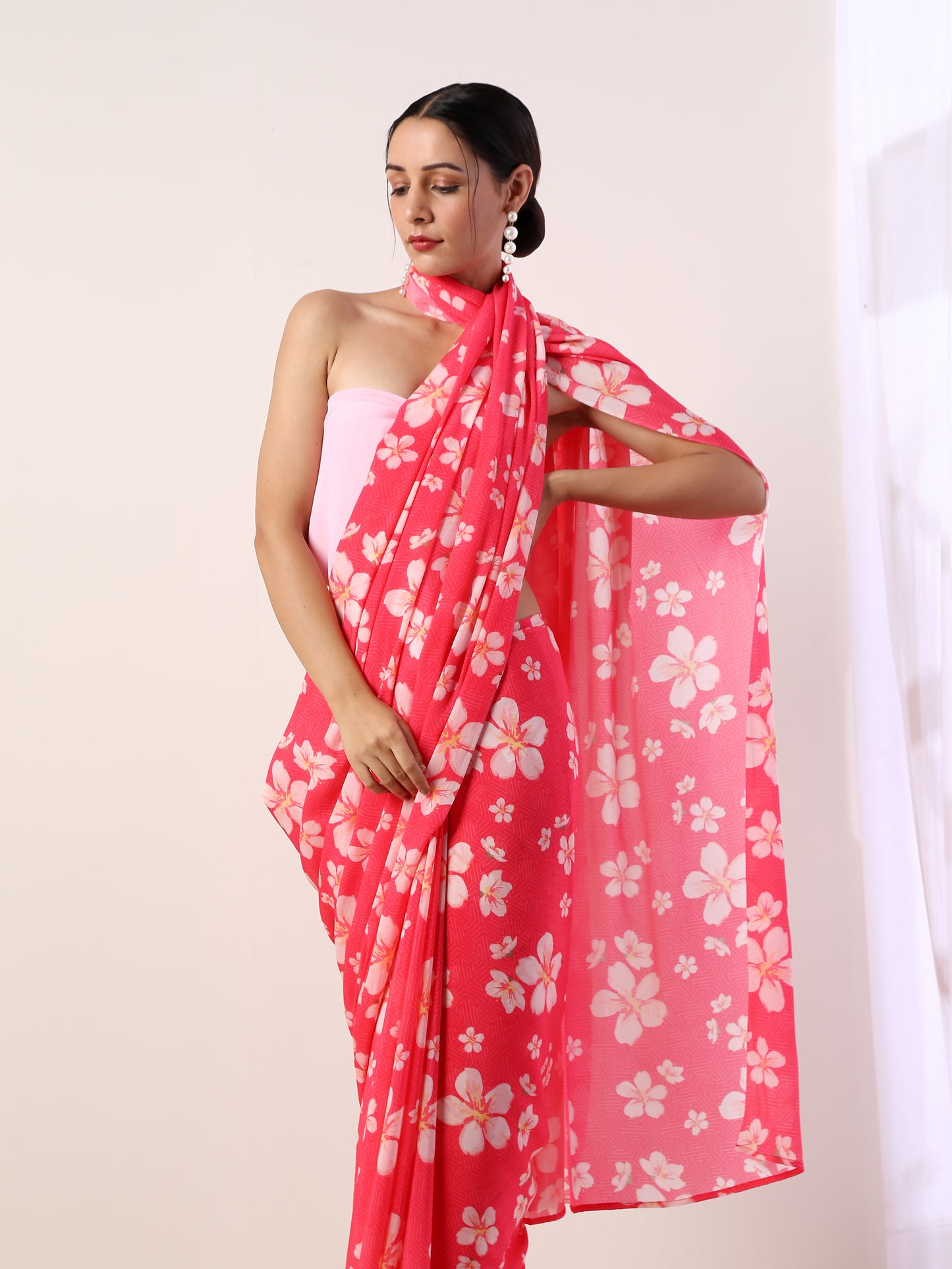 Hot Pink Crepe Saree(set of 2)