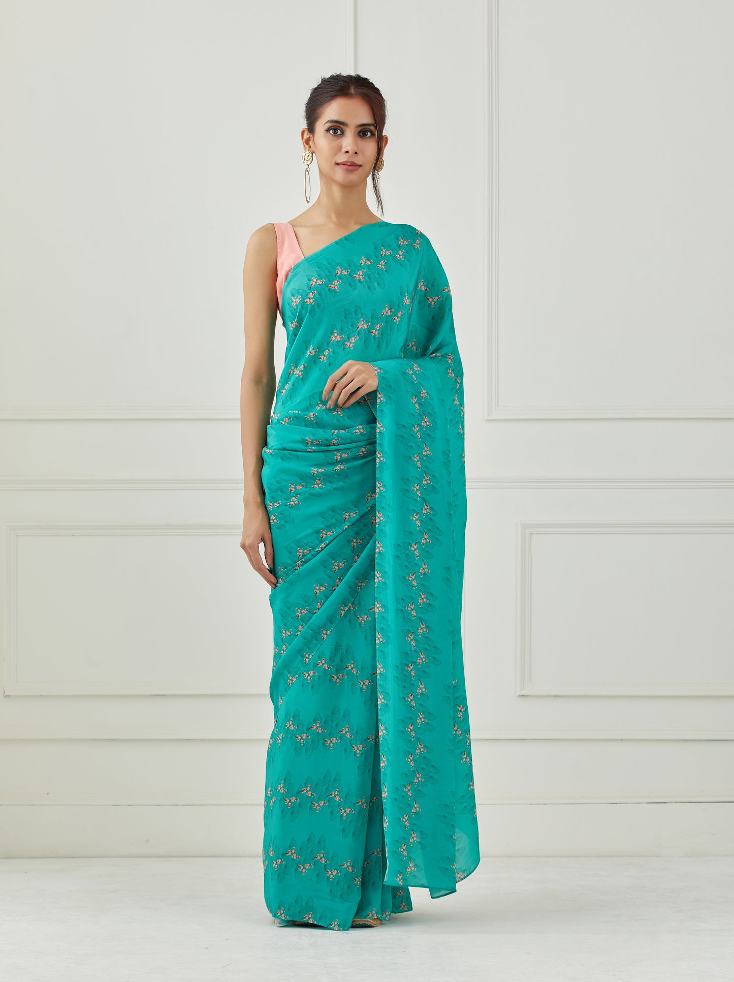 Teal crepe saree