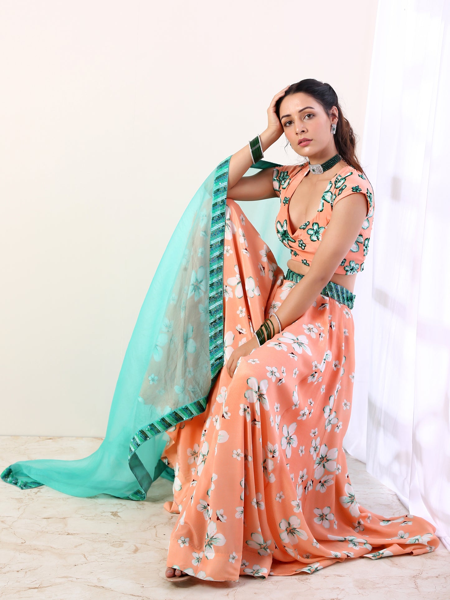 Coral Embroidered lehenga set(set of 3)