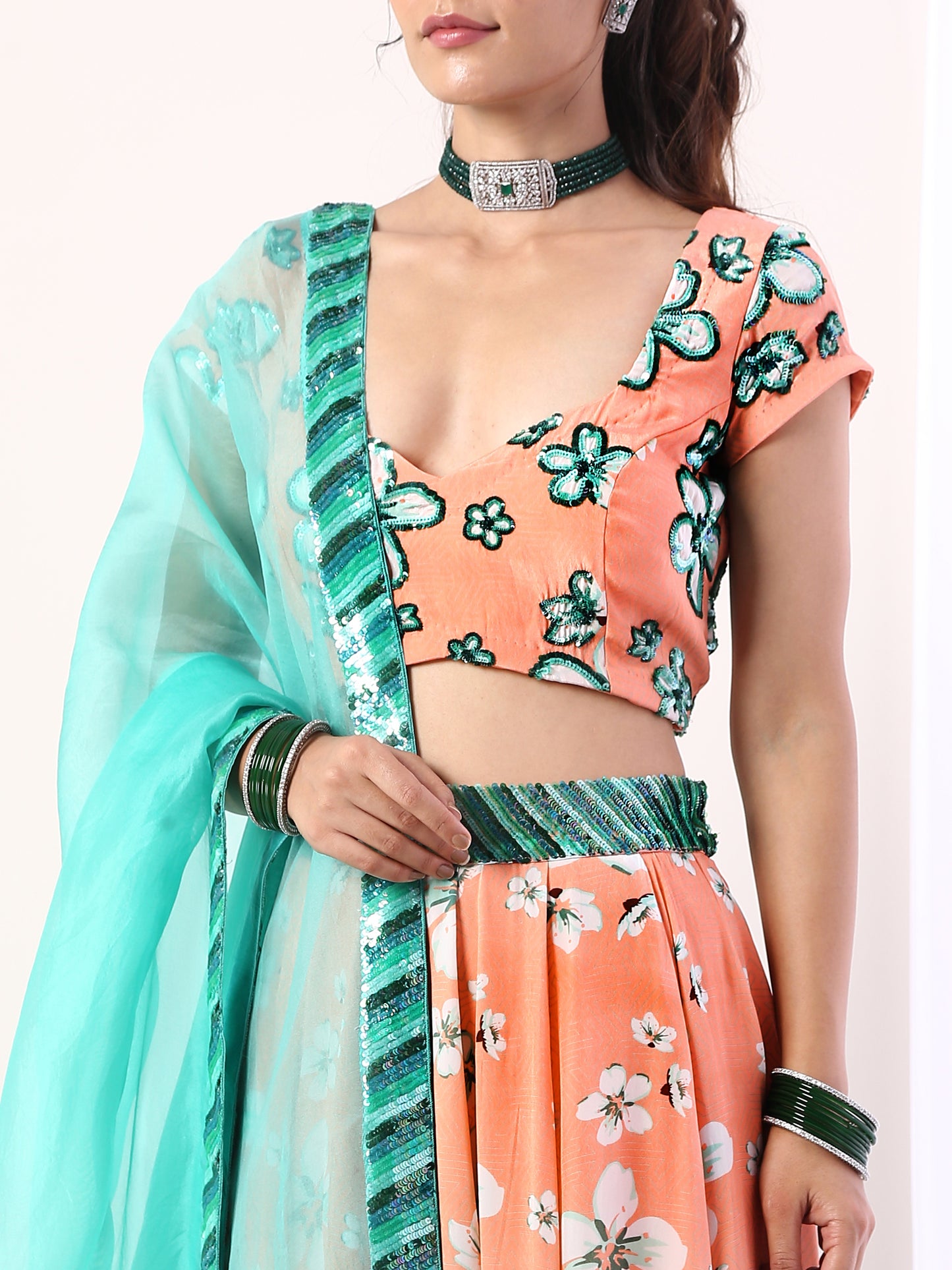 Coral Embroidered lehenga set(set of 3)