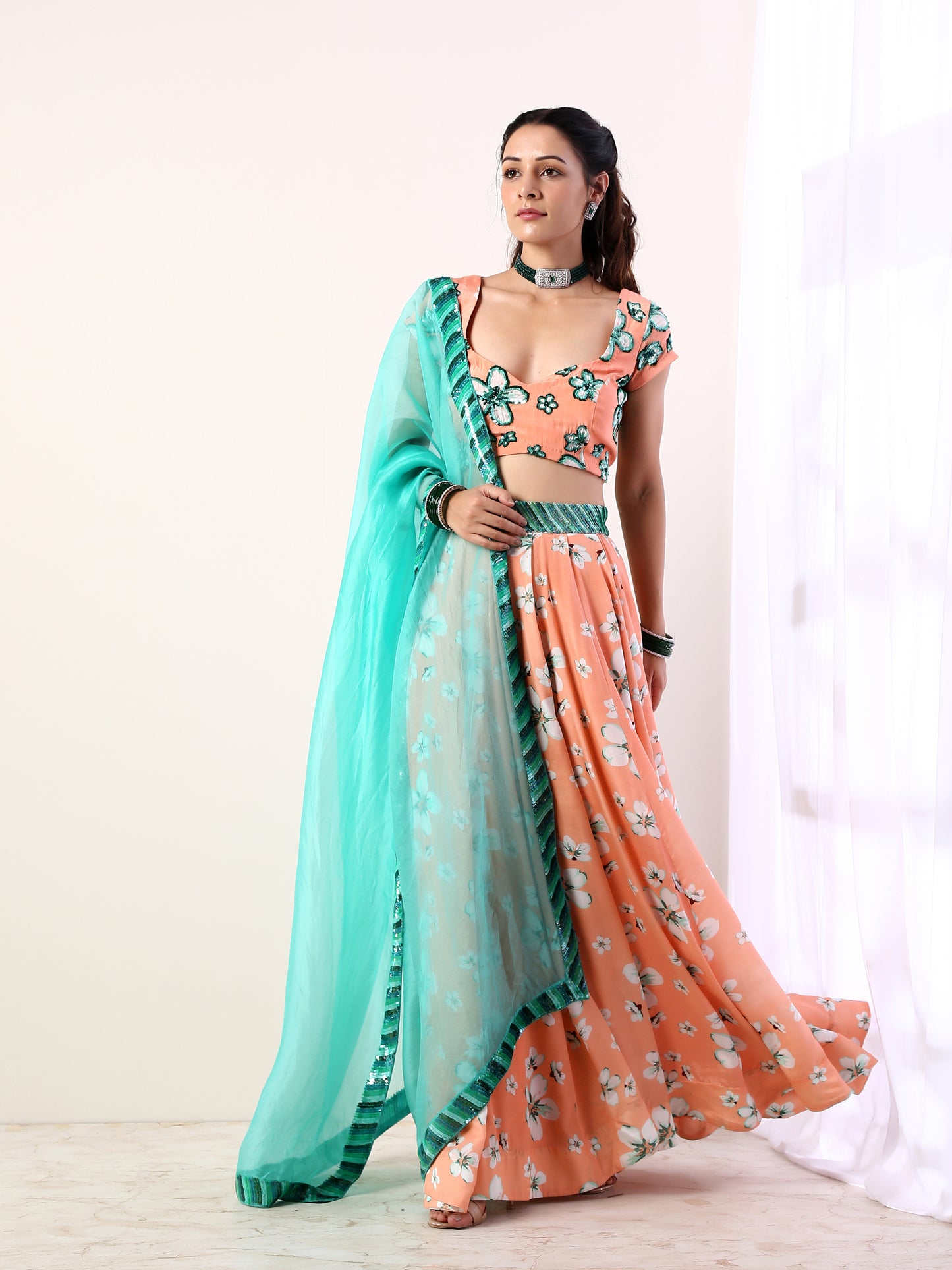 Coral Embroidered lehenga set(set of 3)
