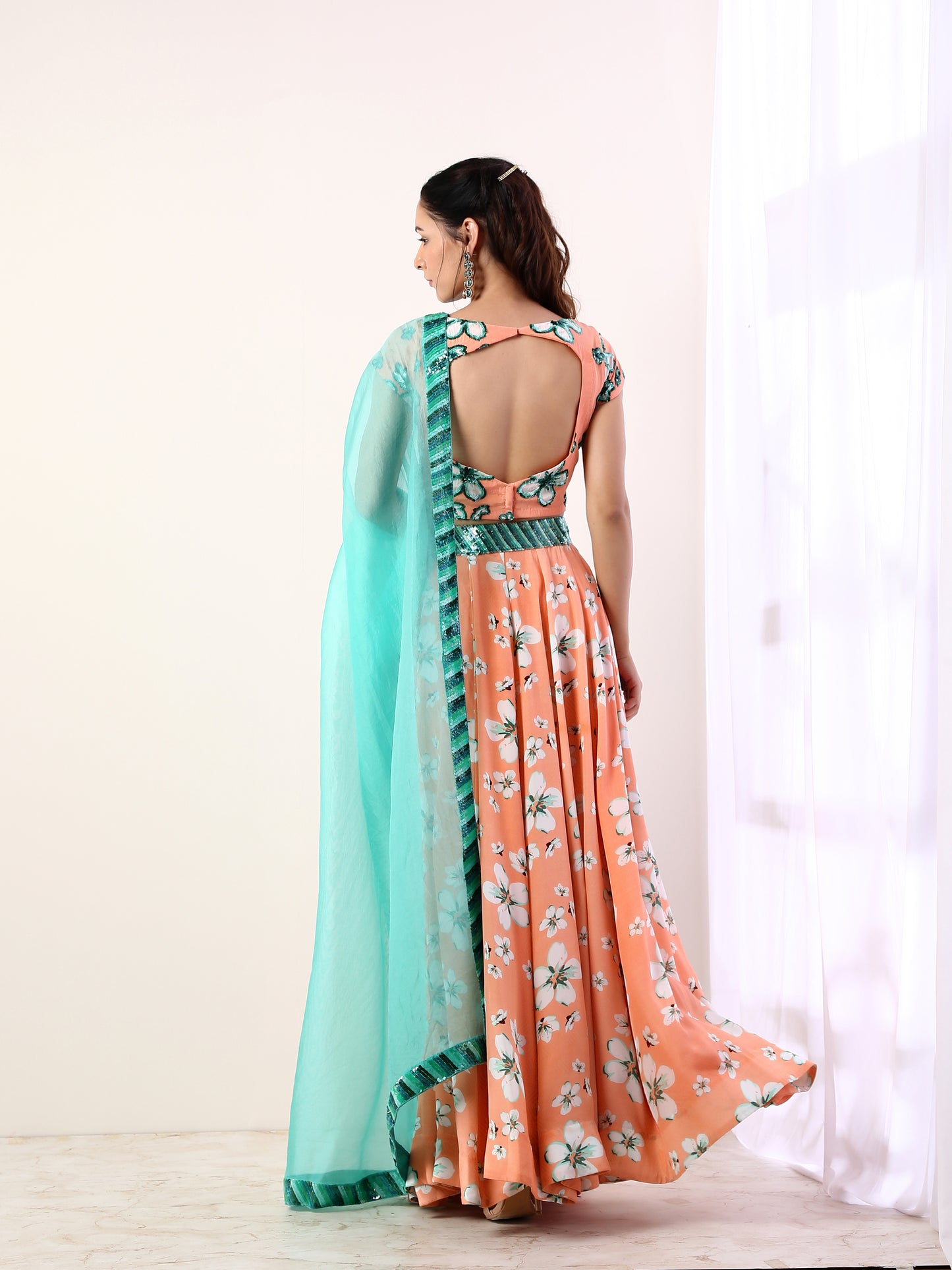 Coral Embroidered lehenga set(set of 3)