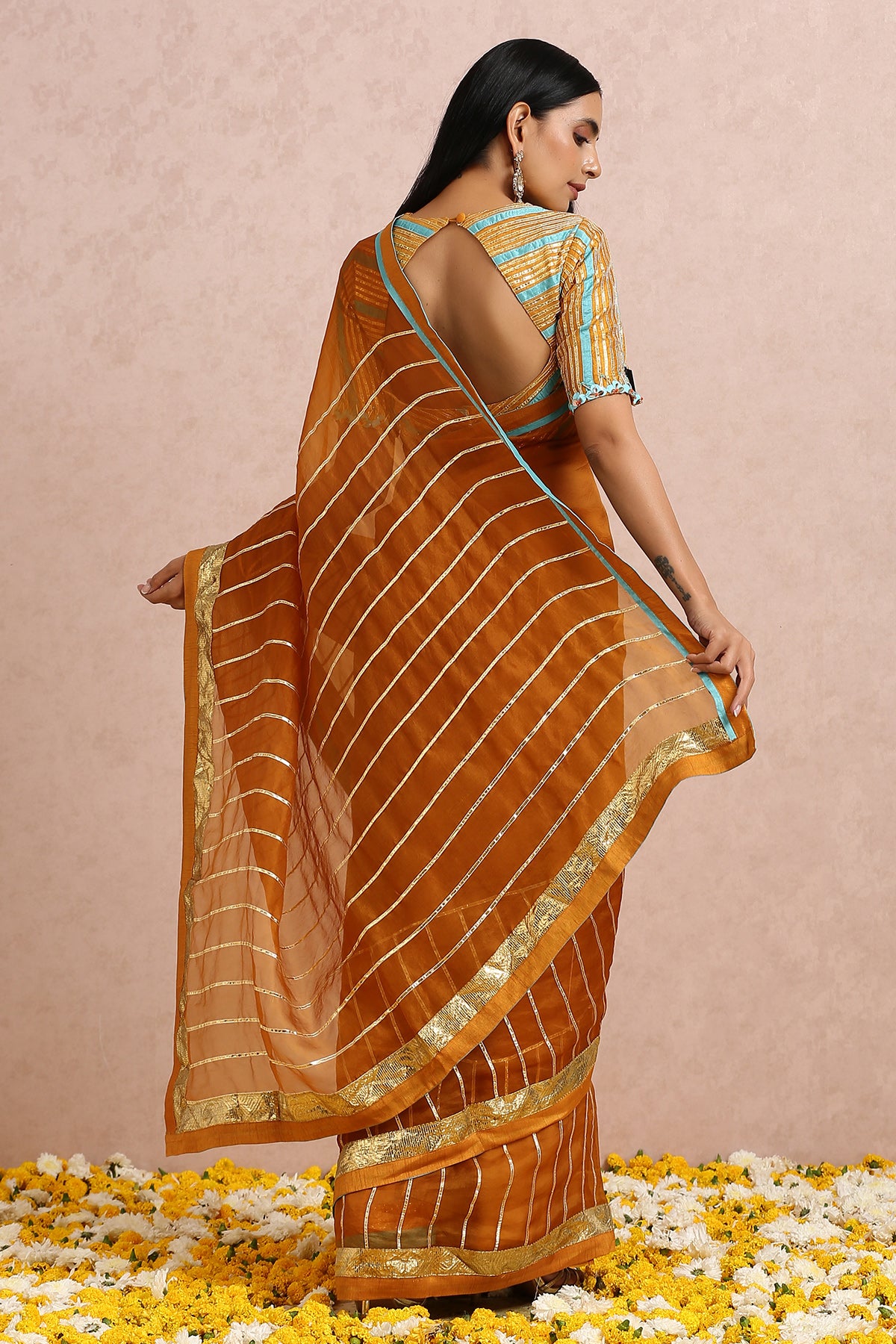 Rust Saree With Sleeves Blouse
