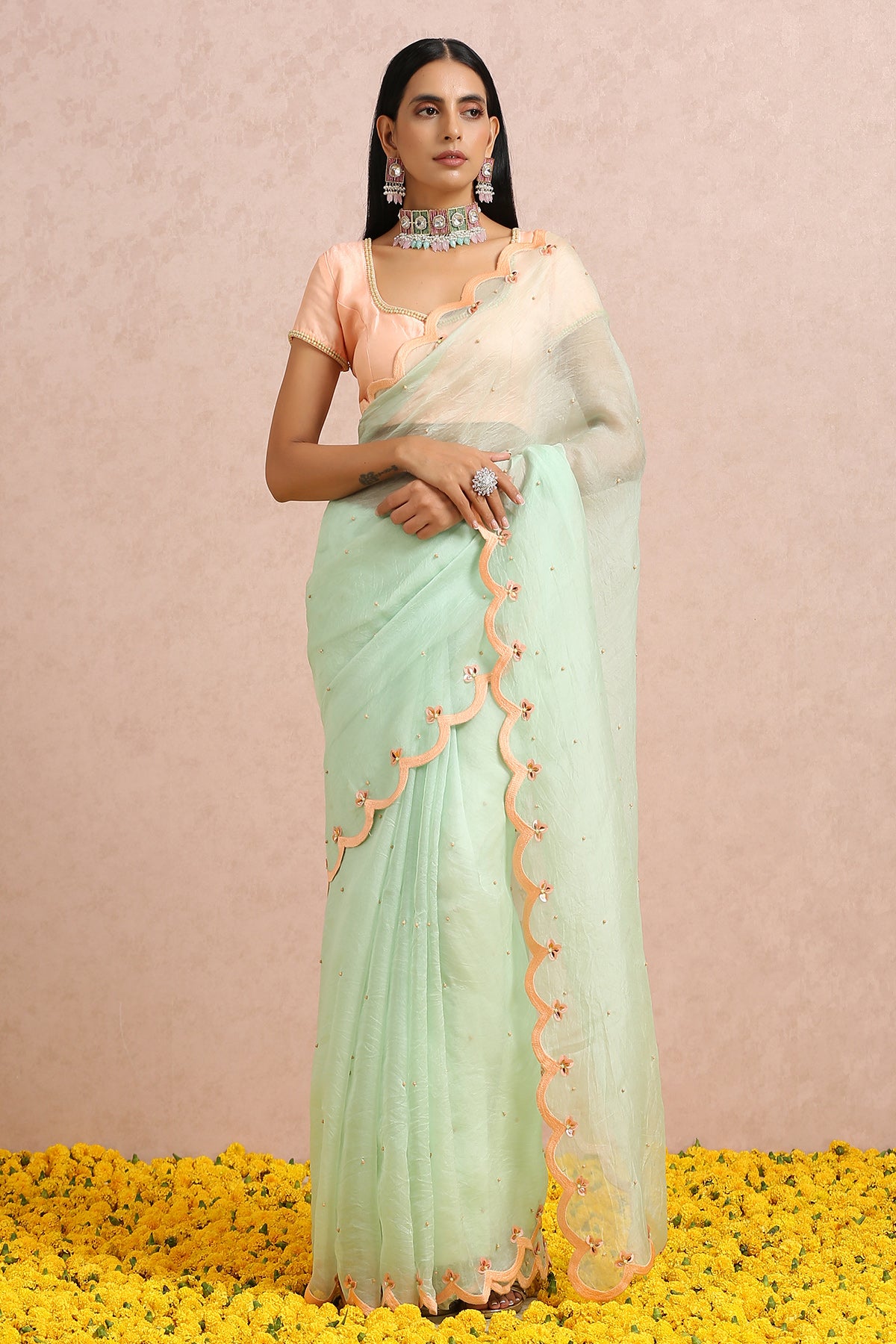 Mint Green Saree with Peach Blouse