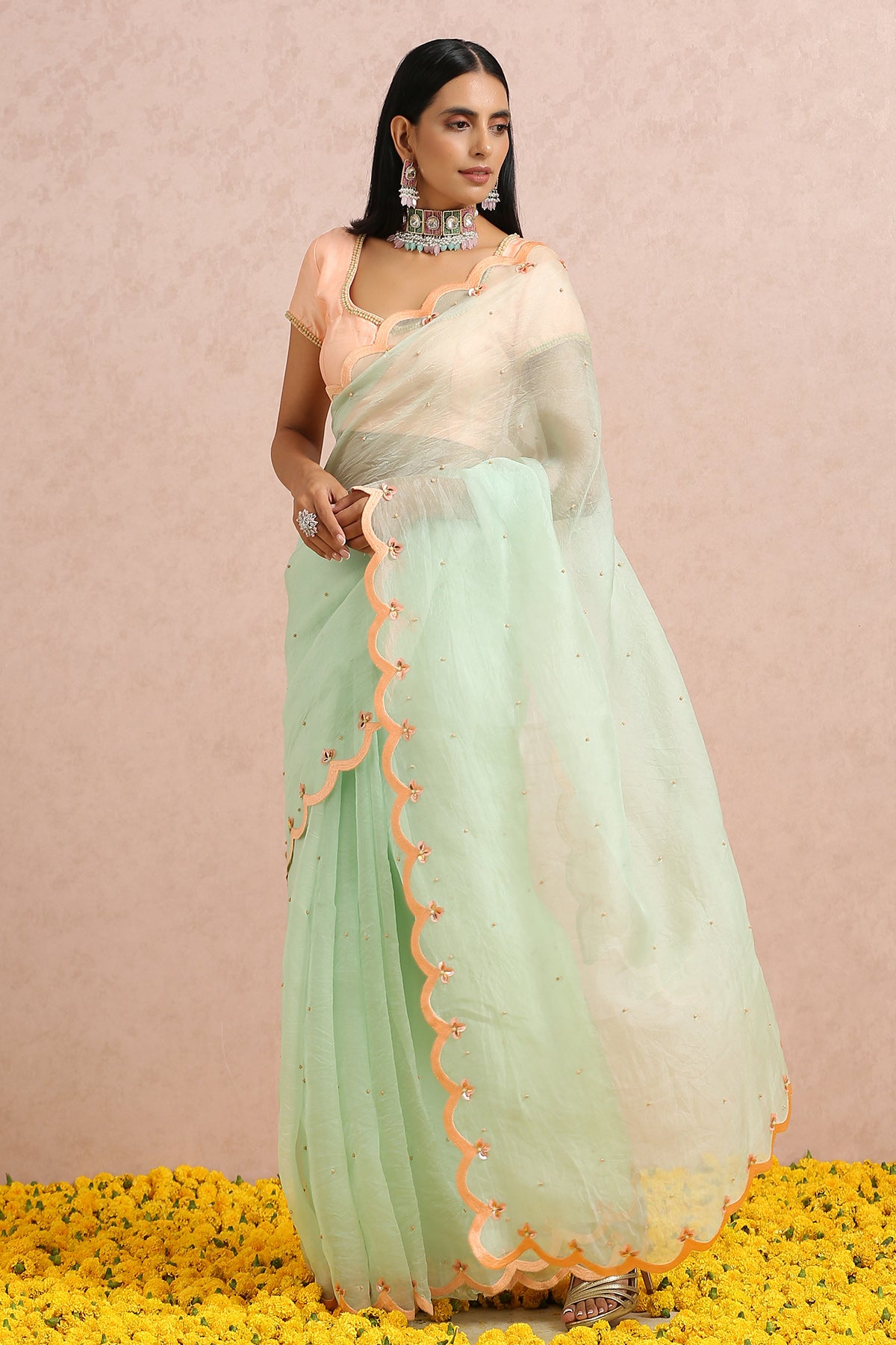 Mint Green Saree with Peach Blouse
