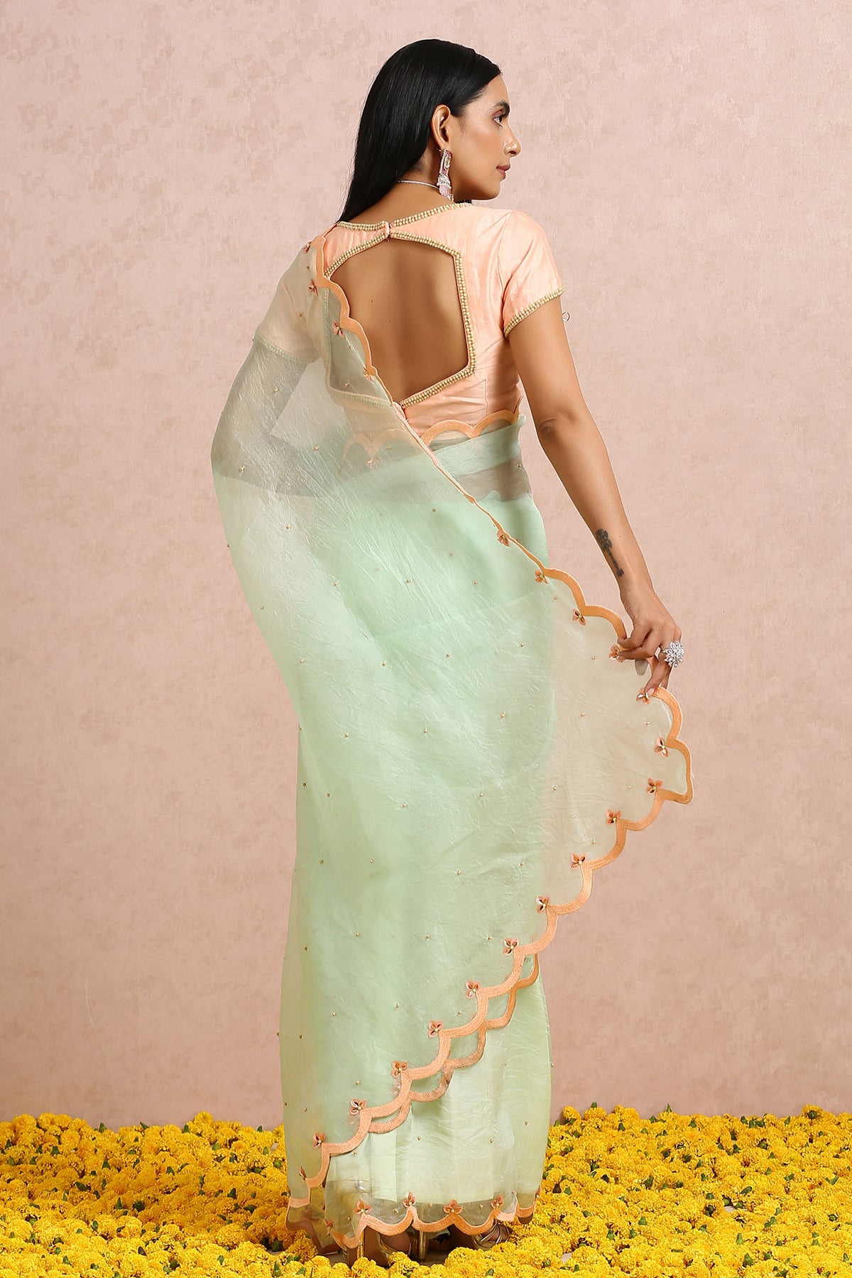Mint Green Saree with Peach Blouse