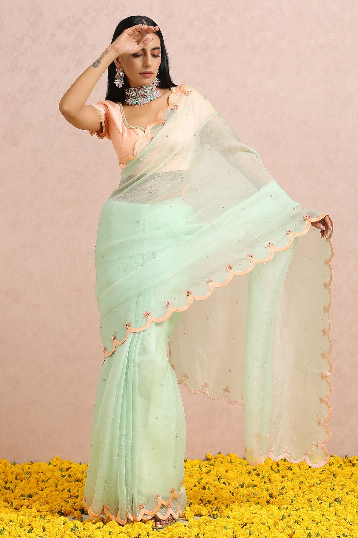 Mint Green Saree with Peach Blouse