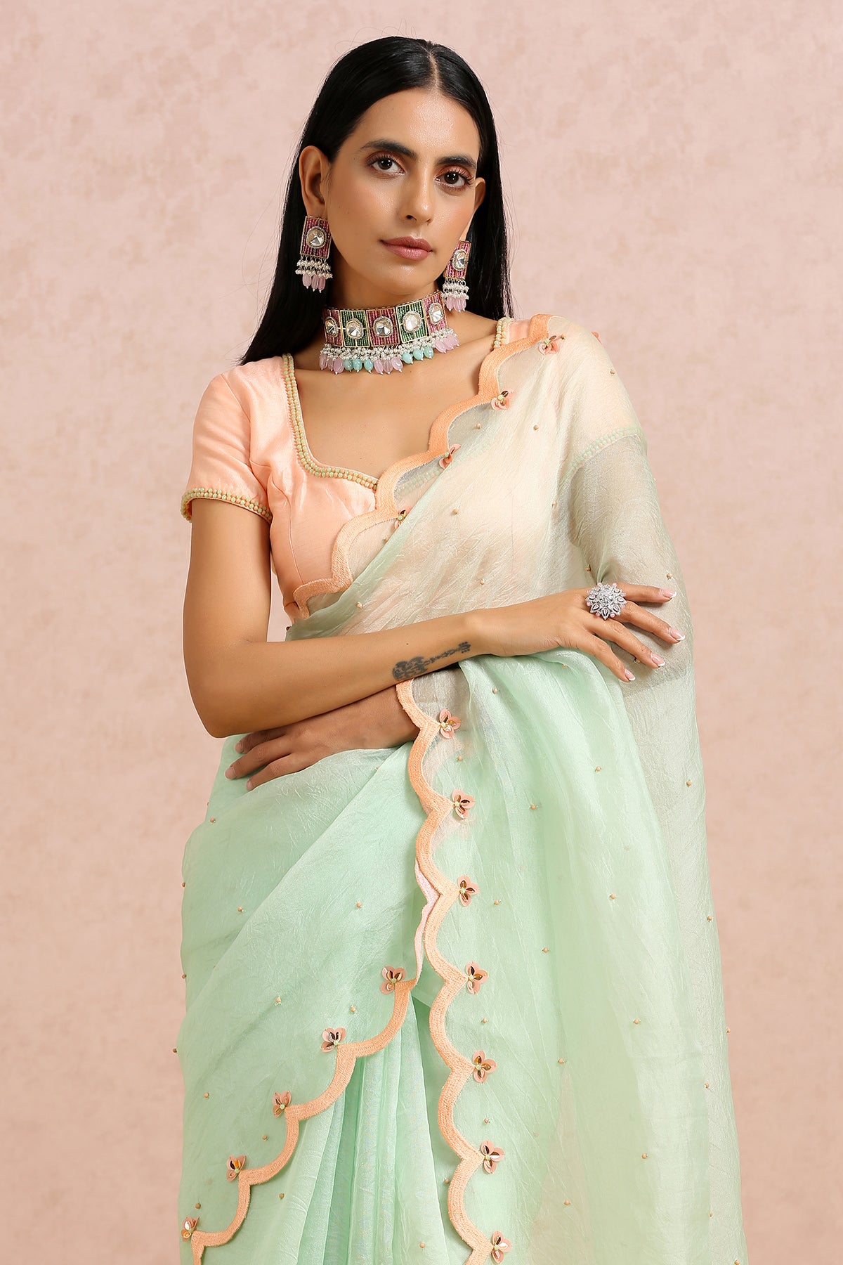 Mint Green Saree with Peach Blouse