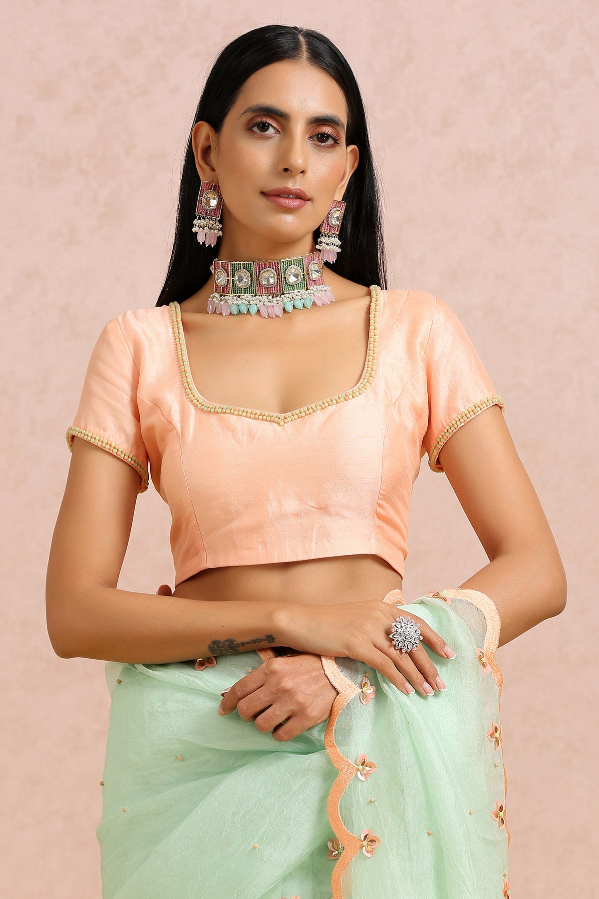 Mint Green Saree with Peach Blouse